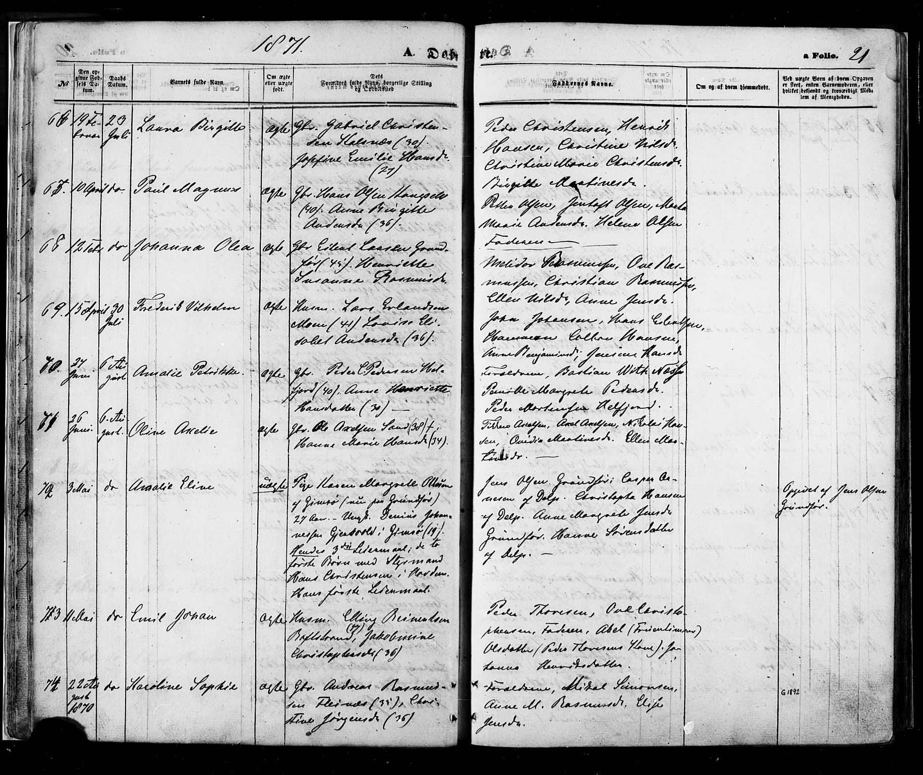 Ministerialprotokoller, klokkerbøker og fødselsregistre - Nordland, SAT/A-1459/888/L1242: Parish register (official) no. 888A08, 1870-1875, p. 21