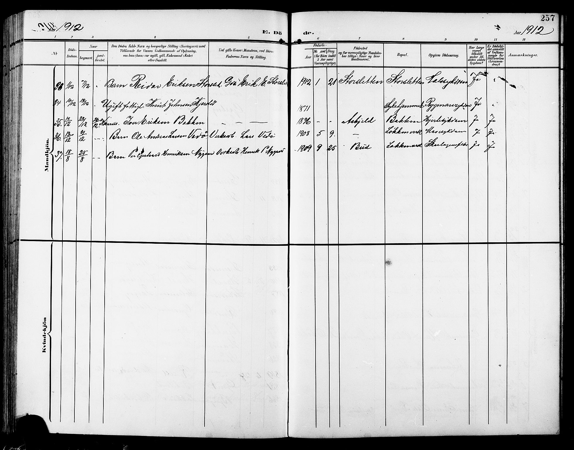 Ministerialprotokoller, klokkerbøker og fødselsregistre - Sør-Trøndelag, SAT/A-1456/672/L0864: Parish register (copy) no. 672C03, 1902-1914, p. 257