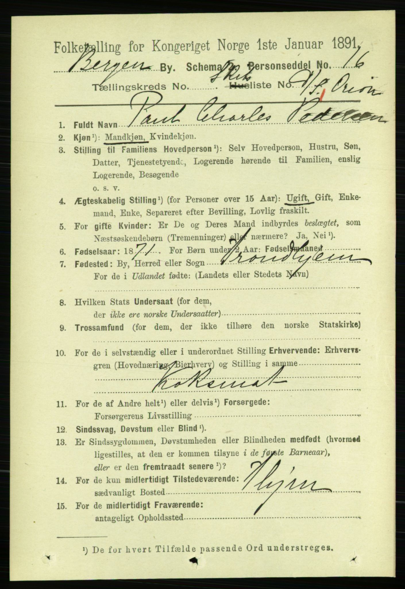 RA, 1891 Census for 1301 Bergen, 1891, p. 64445