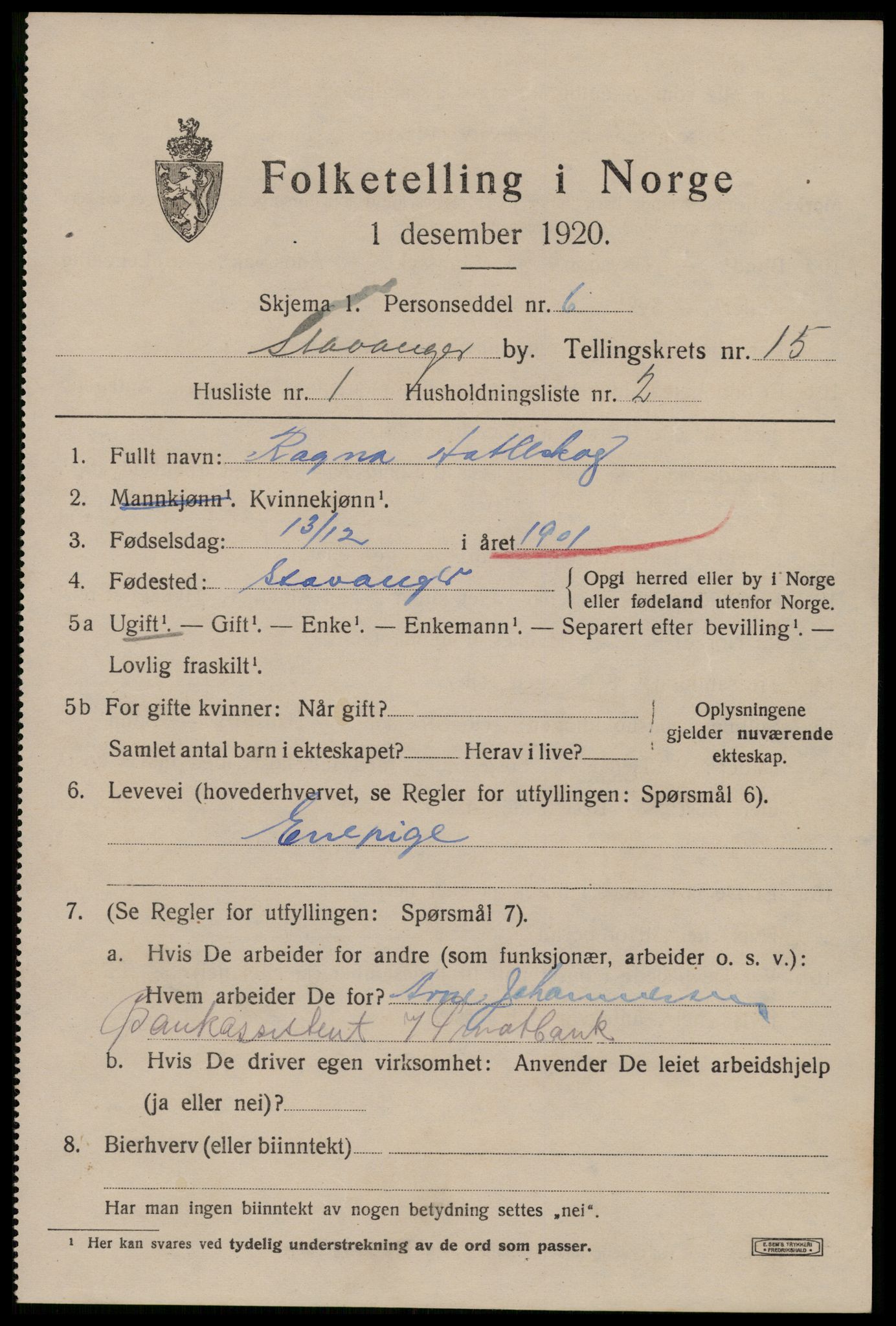 SAST, 1920 census for Stavanger, 1920, p. 61440