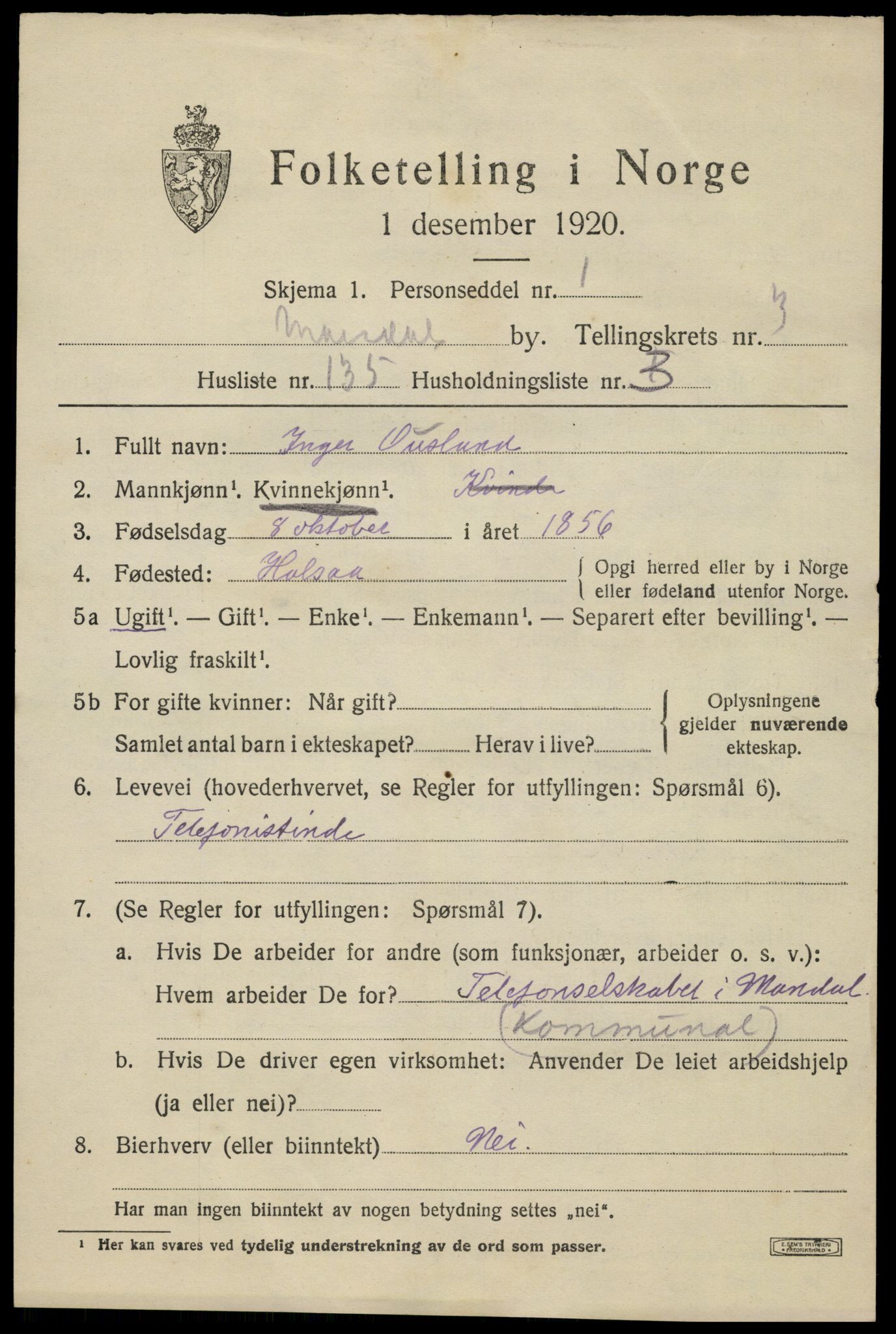 SAK, 1920 census for Mandal, 1920, p. 7009