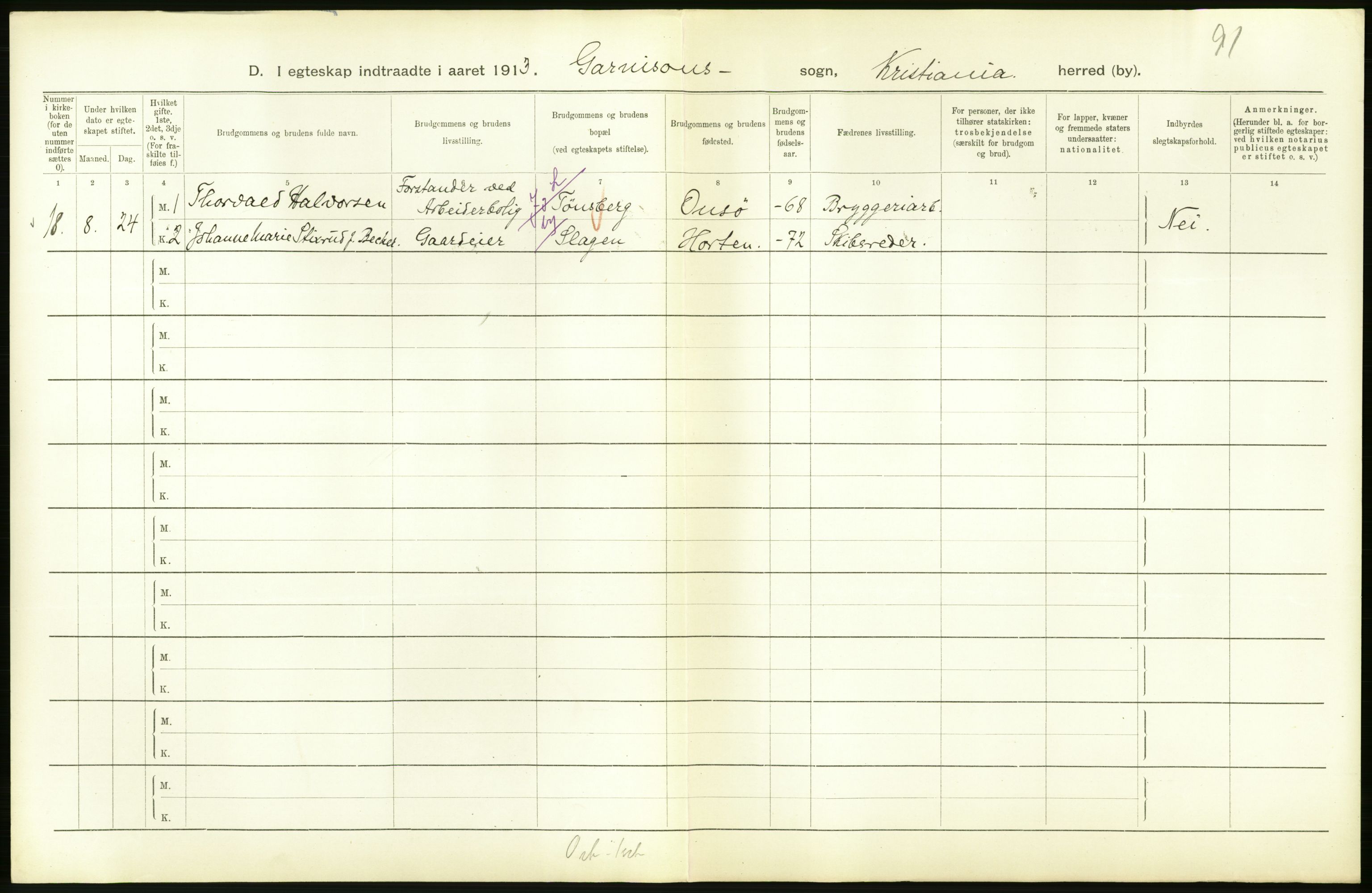 Statistisk sentralbyrå, Sosiodemografiske emner, Befolkning, AV/RA-S-2228/D/Df/Dfb/Dfbc/L0008: Kristiania: Gifte., 1913, p. 176