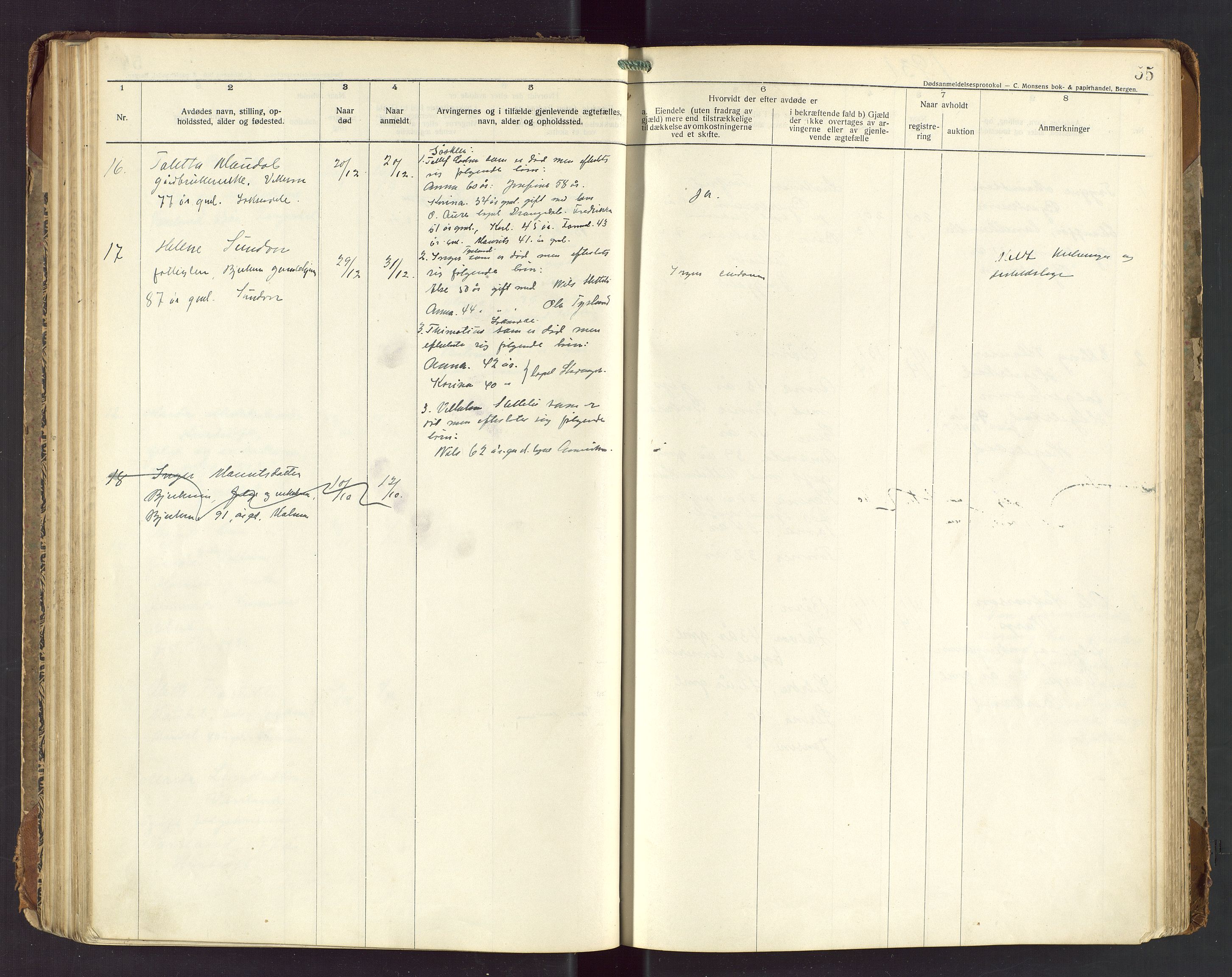 Bjerkreim lensmannskontor, AV/SAST-A-100090/Gga/L0002: "Dødsanmeldelsesprotokoll", 1916-1954, p. 55