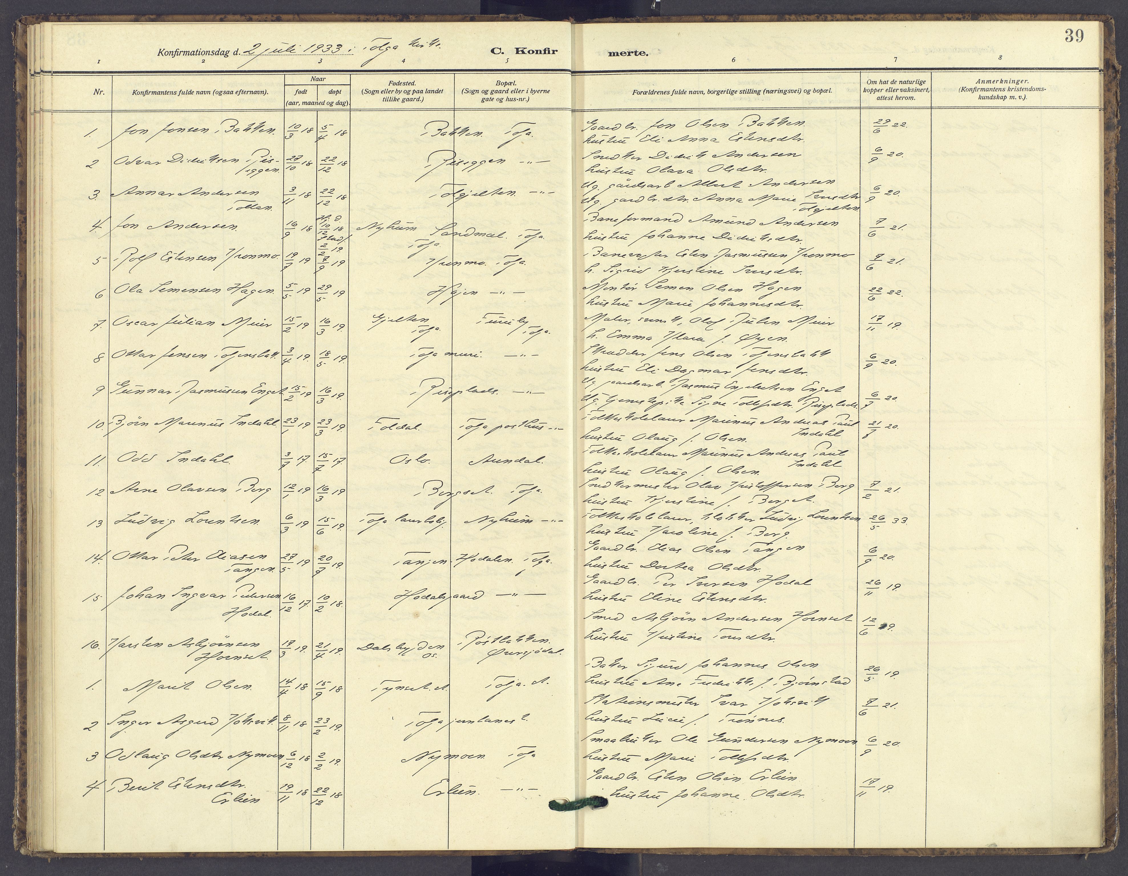 Tolga prestekontor, AV/SAH-PREST-062/K/L0016: Parish register (official) no. 16, 1908-1957, p. 39