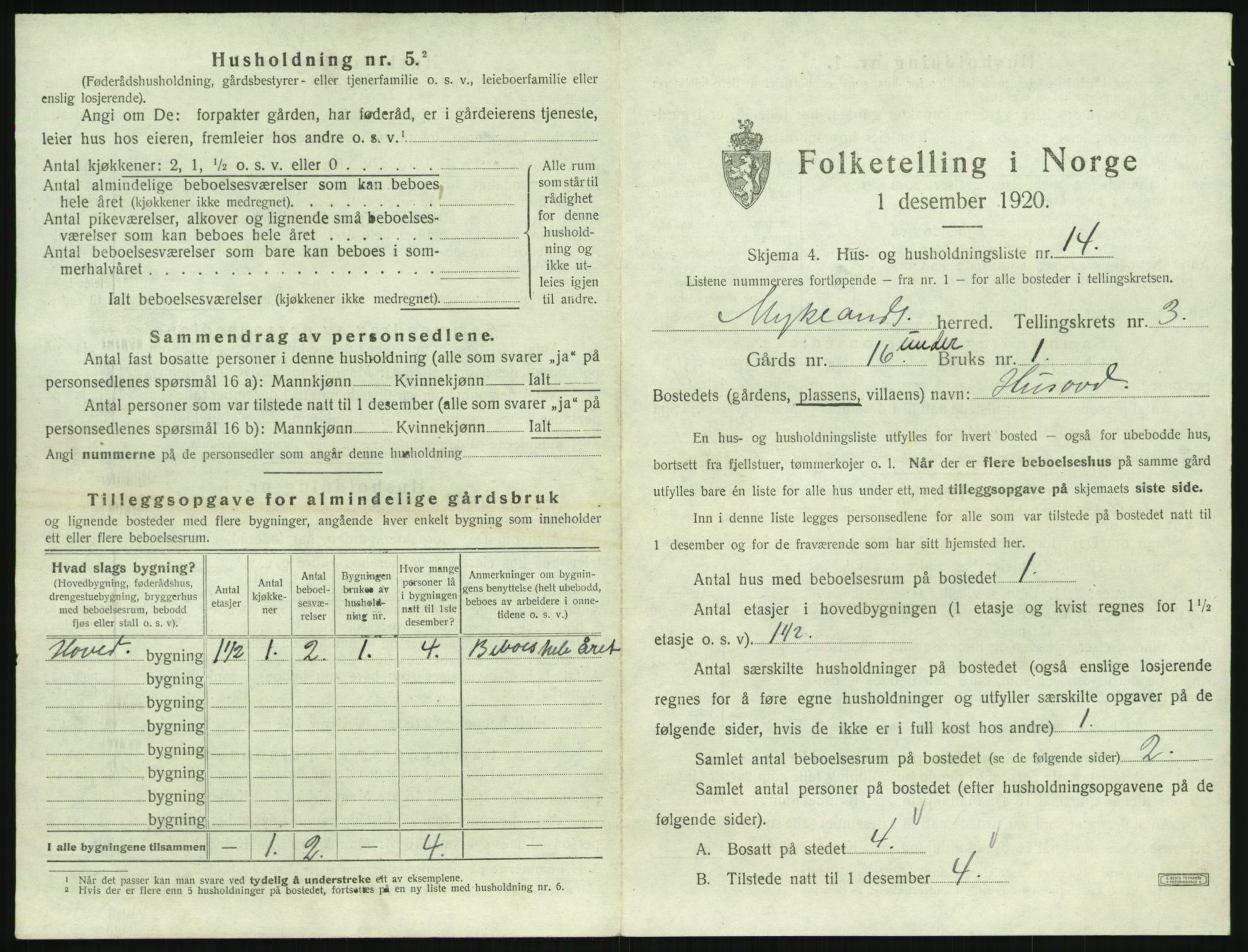 SAK, 1920 census for Mykland, 1920, p. 188