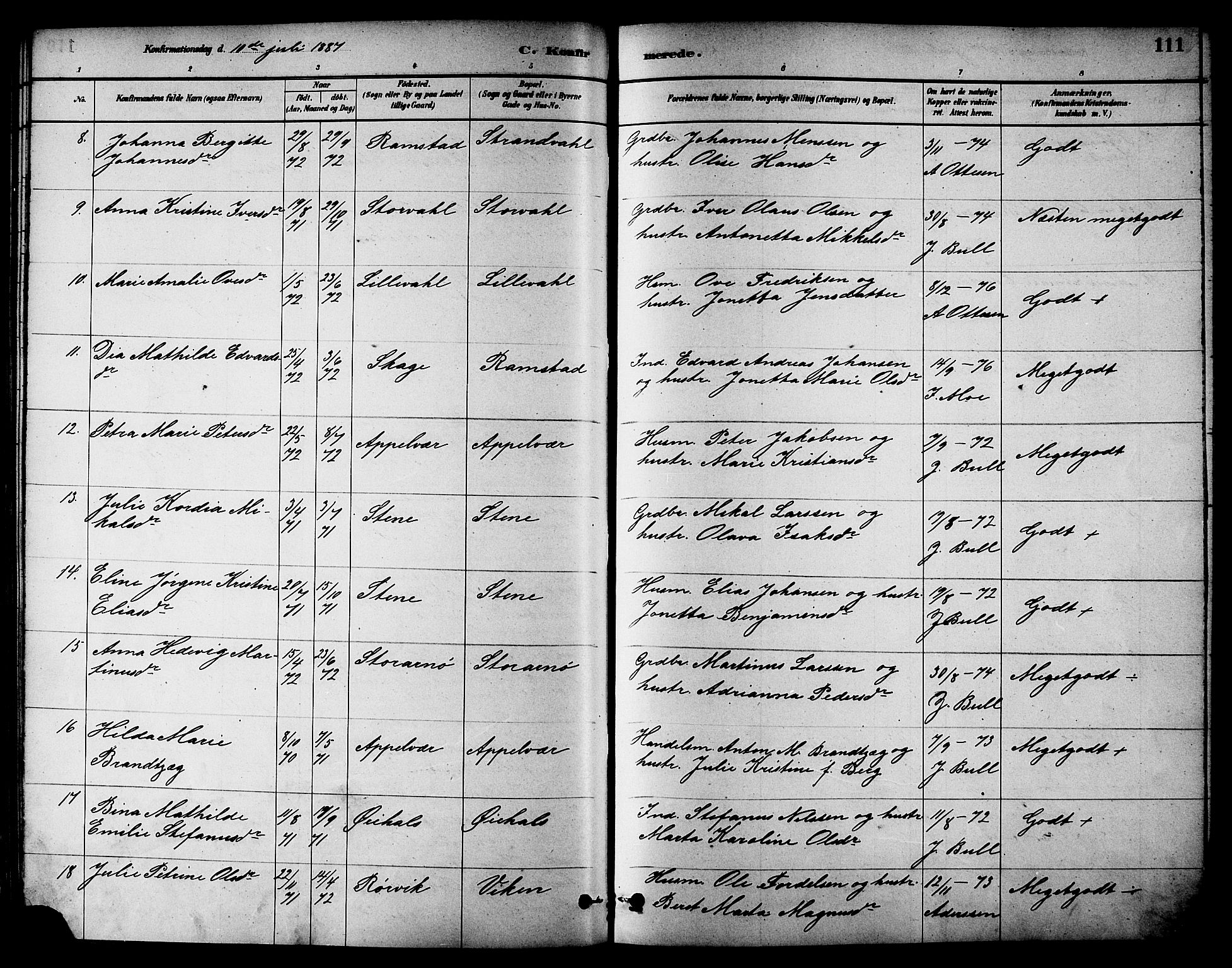 Ministerialprotokoller, klokkerbøker og fødselsregistre - Nord-Trøndelag, AV/SAT-A-1458/784/L0672: Parish register (official) no. 784A07, 1880-1887, p. 111