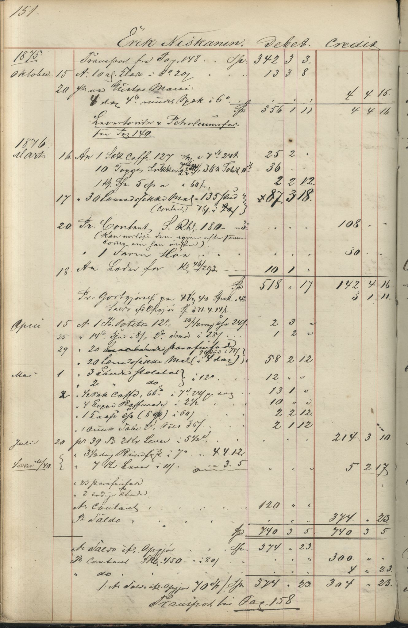 Brodtkorb handel A/S, VAMU/A-0001/F/Fc/L0001/0001: Konto for kvener og nordmenn på Kolahalvøya  / Conto for Kvæner og Nordmænd paa Russefinmarken No 1, 1868-1894, p. 151