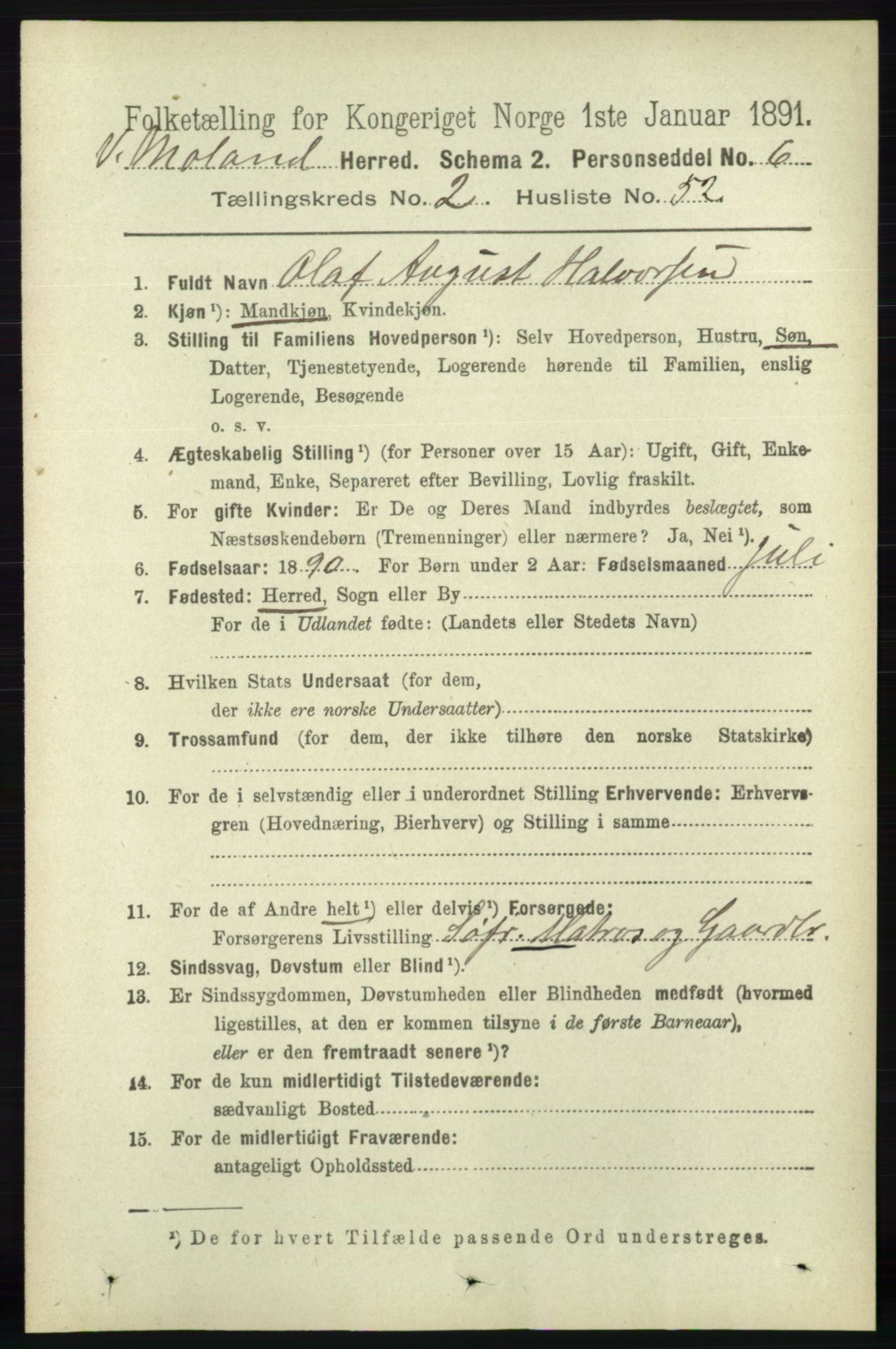 RA, 1891 census for 0926 Vestre Moland, 1891, p. 900