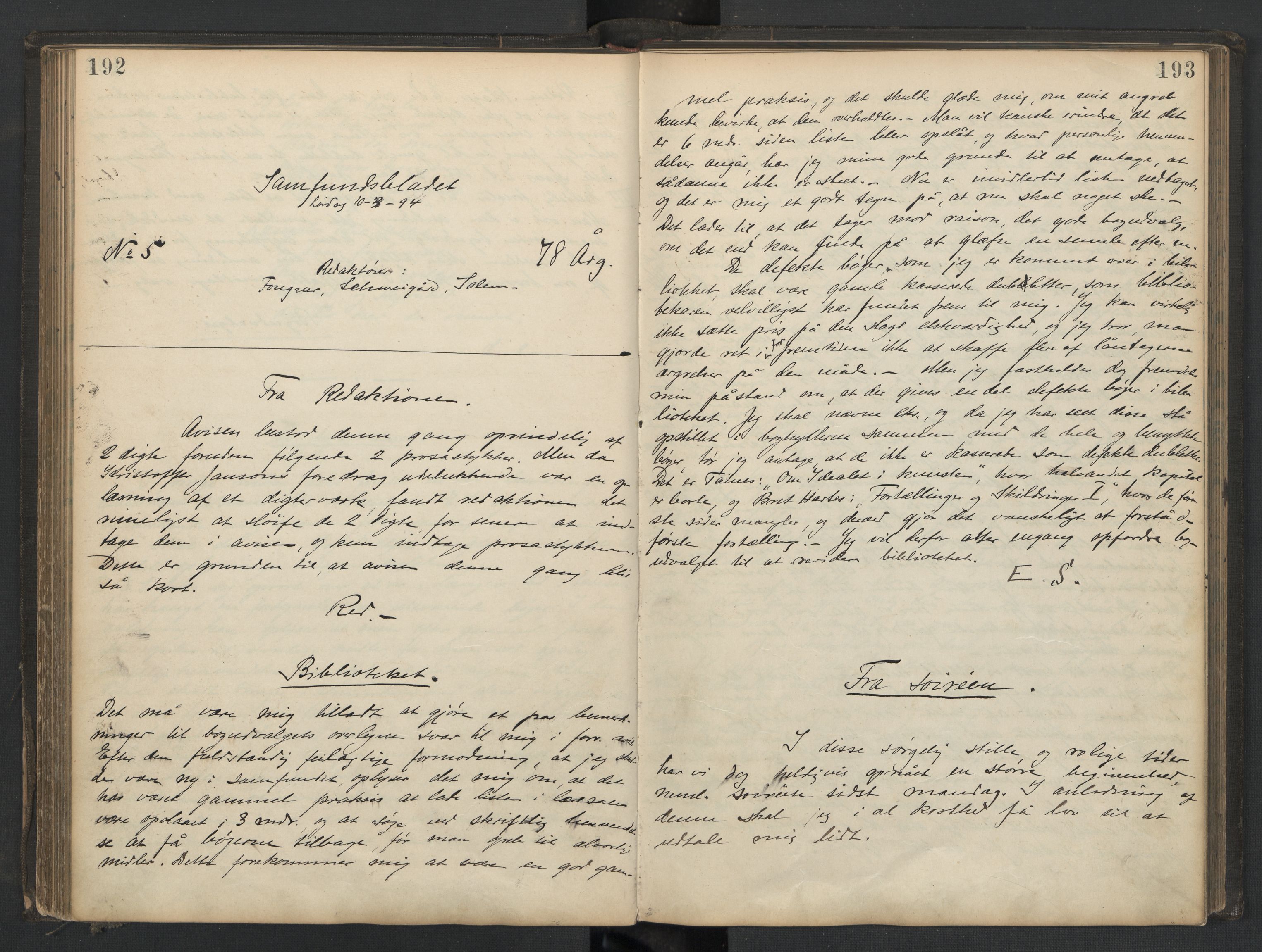 Det Norske Studentersamfund, AV/RA-PA-1322/X/Xa/L0013/0002: -- / Samfundsbladet/Studentersamfundets Avis, 1892-1895, p. 192-193