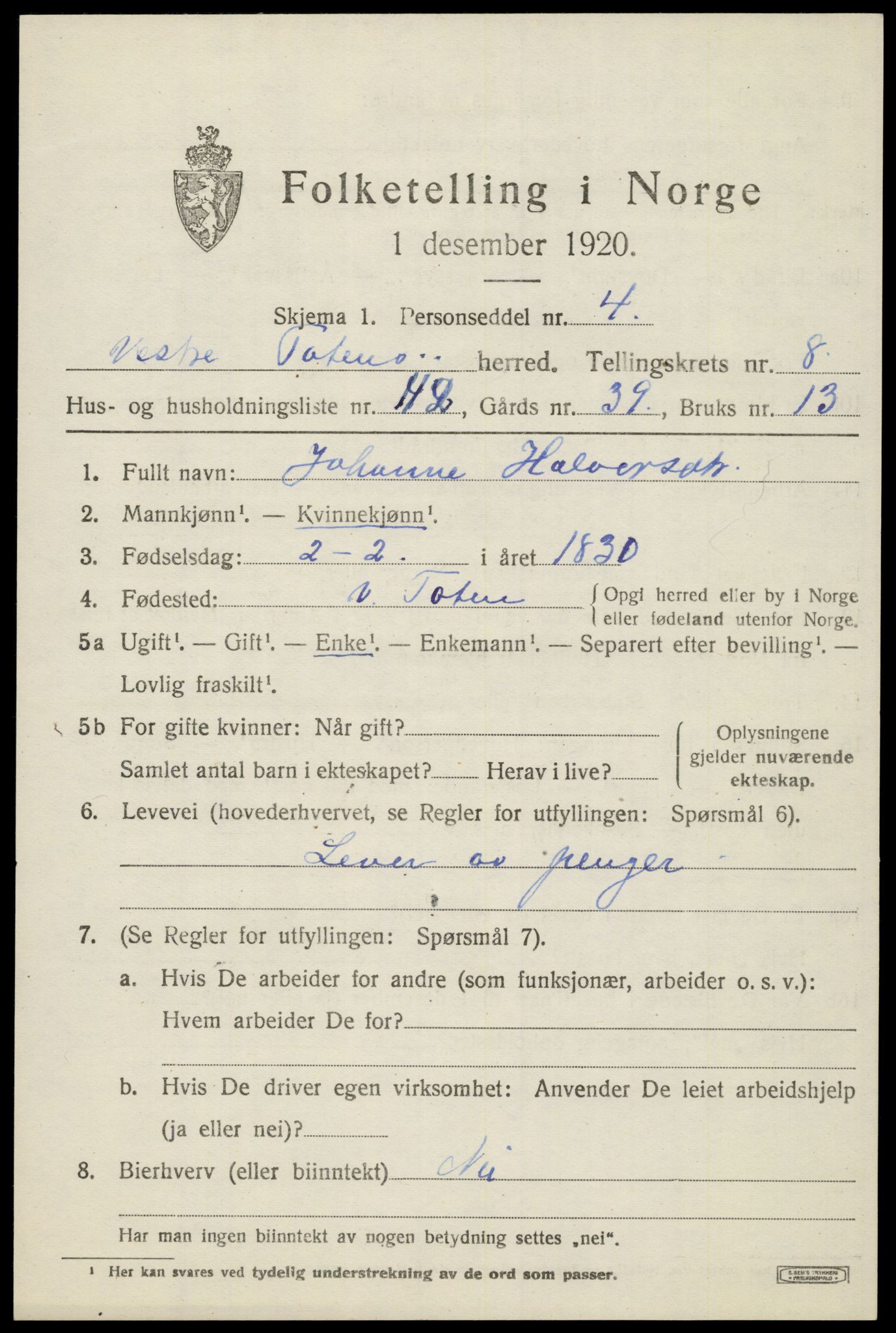 SAH, 1920 census for Vestre Toten, 1920, p. 11130