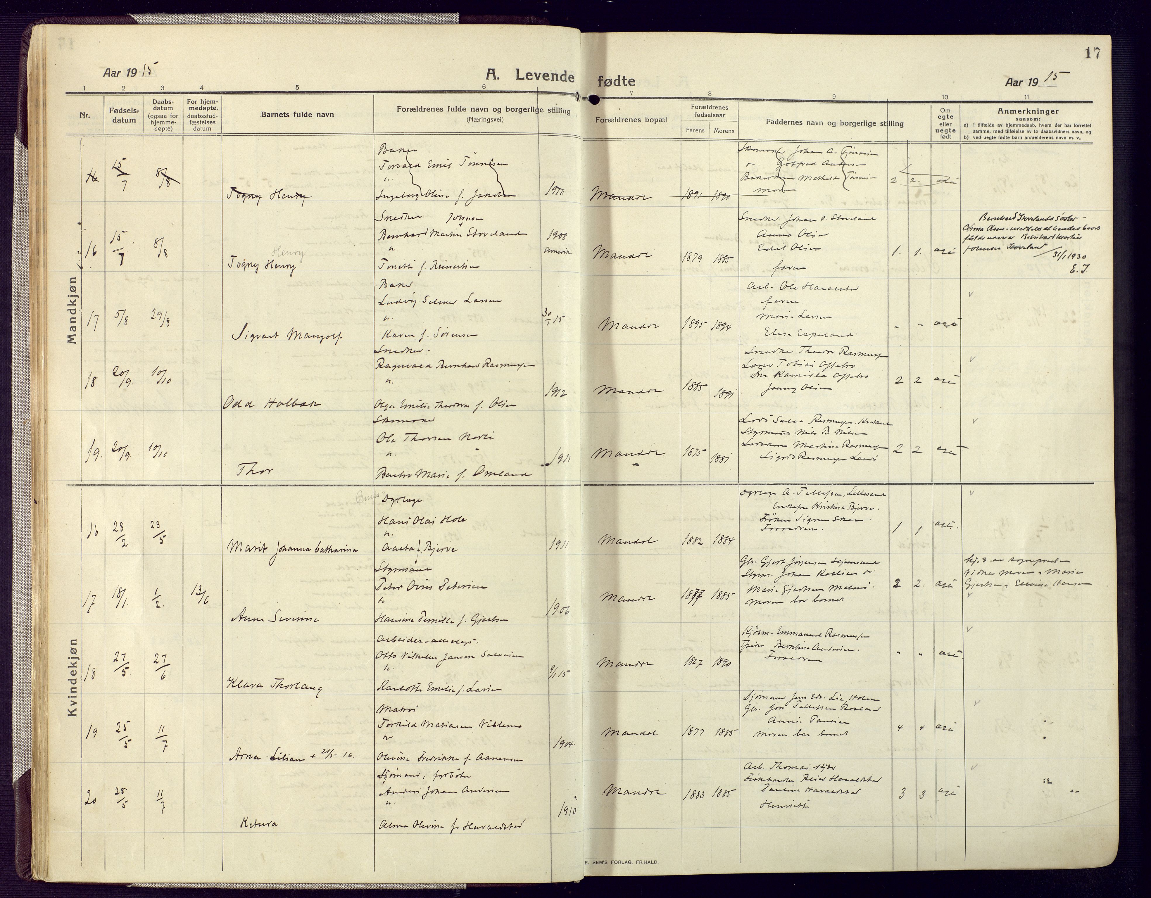 Mandal sokneprestkontor, AV/SAK-1111-0030/F/Fa/Fac/L0001: Parish register (official) no. A 1, 1913-1925, p. 17