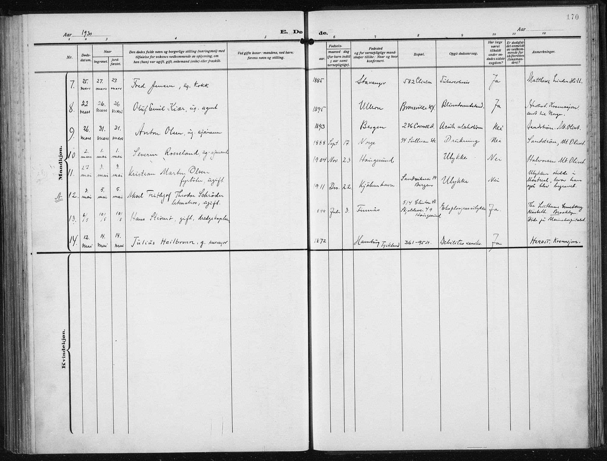 Den norske sjømannsmisjon i utlandet/New York, SAB/SAB/PA-0110/H/Ha/L0008: Parish register (official) no. A 8, 1923-1935, p. 170