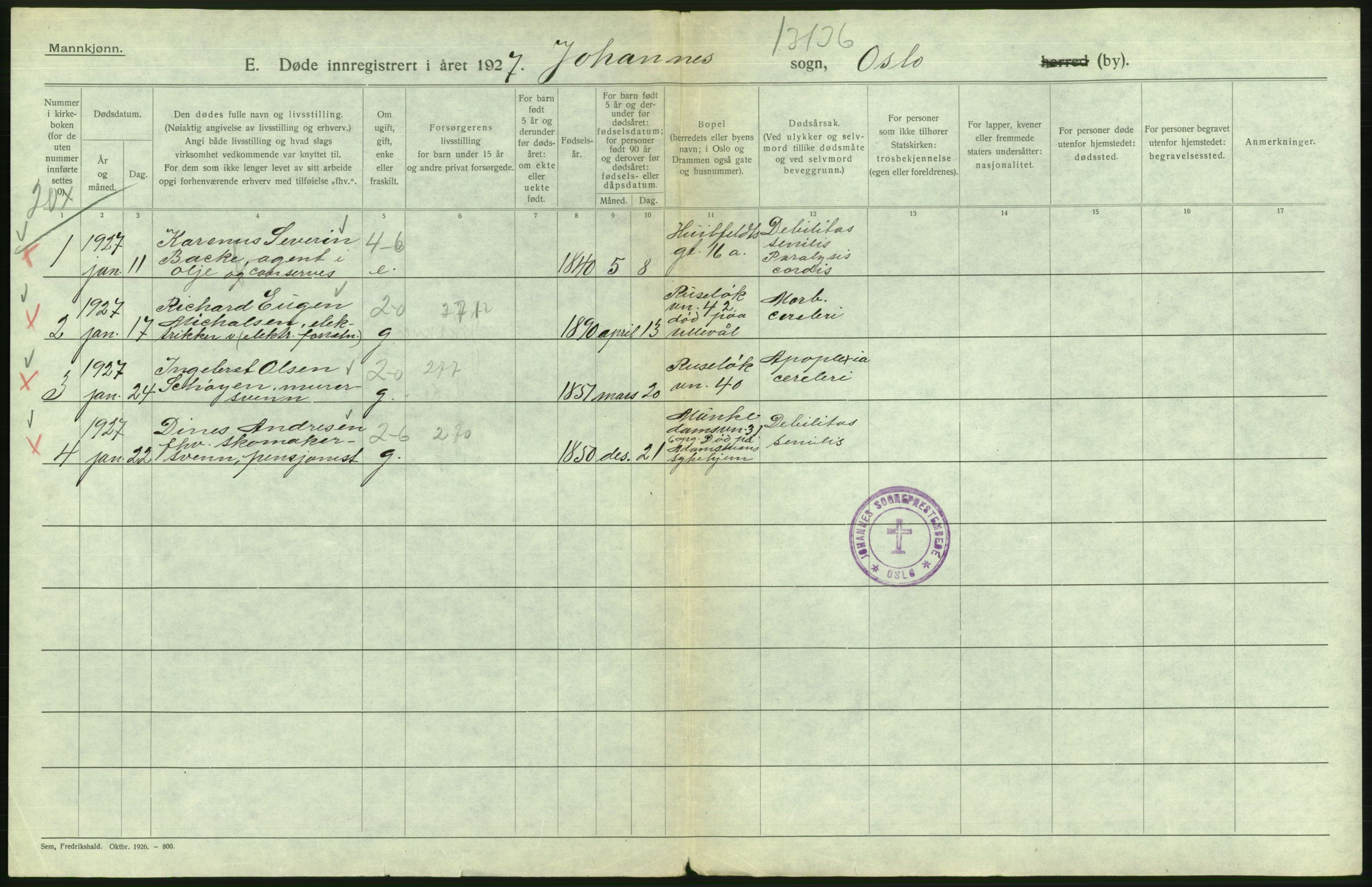 Statistisk sentralbyrå, Sosiodemografiske emner, Befolkning, AV/RA-S-2228/D/Df/Dfc/Dfcg/L0009: Oslo: Døde menn, 1927, p. 120