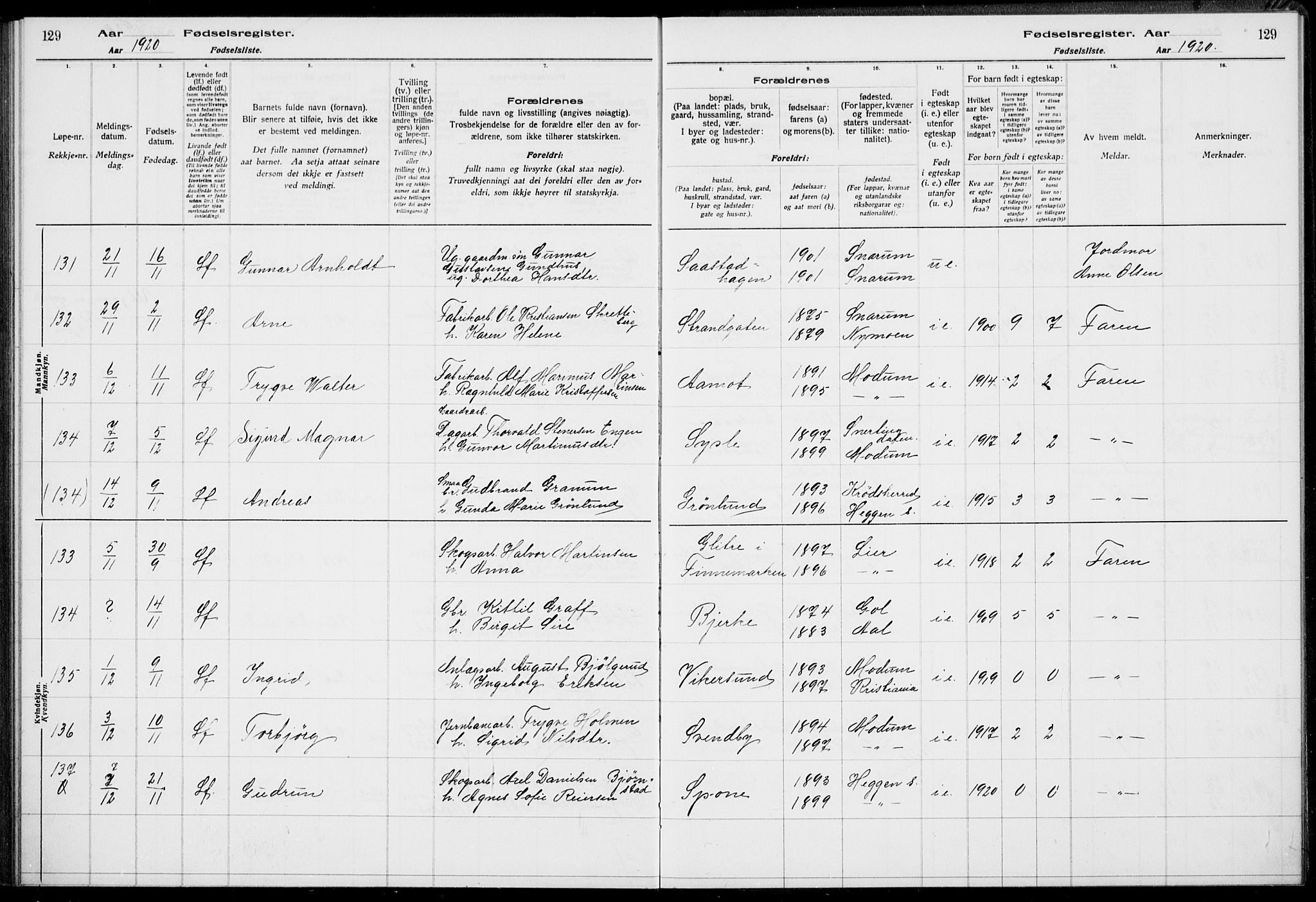 Modum kirkebøker, SAKO/A-234/J/Ja/L0001: Birth register no. I 1, 1916-1923, p. 129