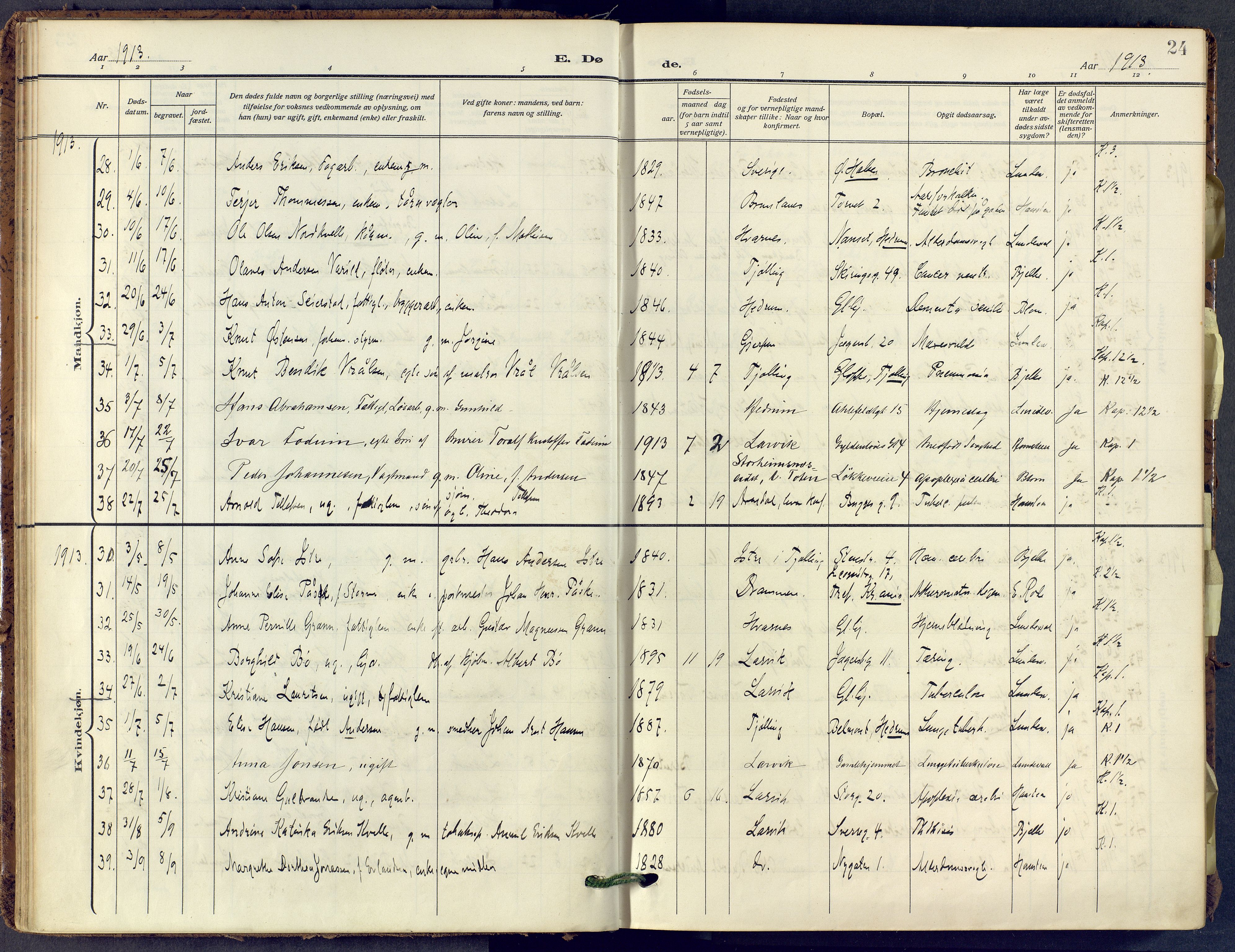 Larvik kirkebøker, AV/SAKO-A-352/F/Fa/L0013: Parish register (official) no. I 13, 1910-1960, p. 24