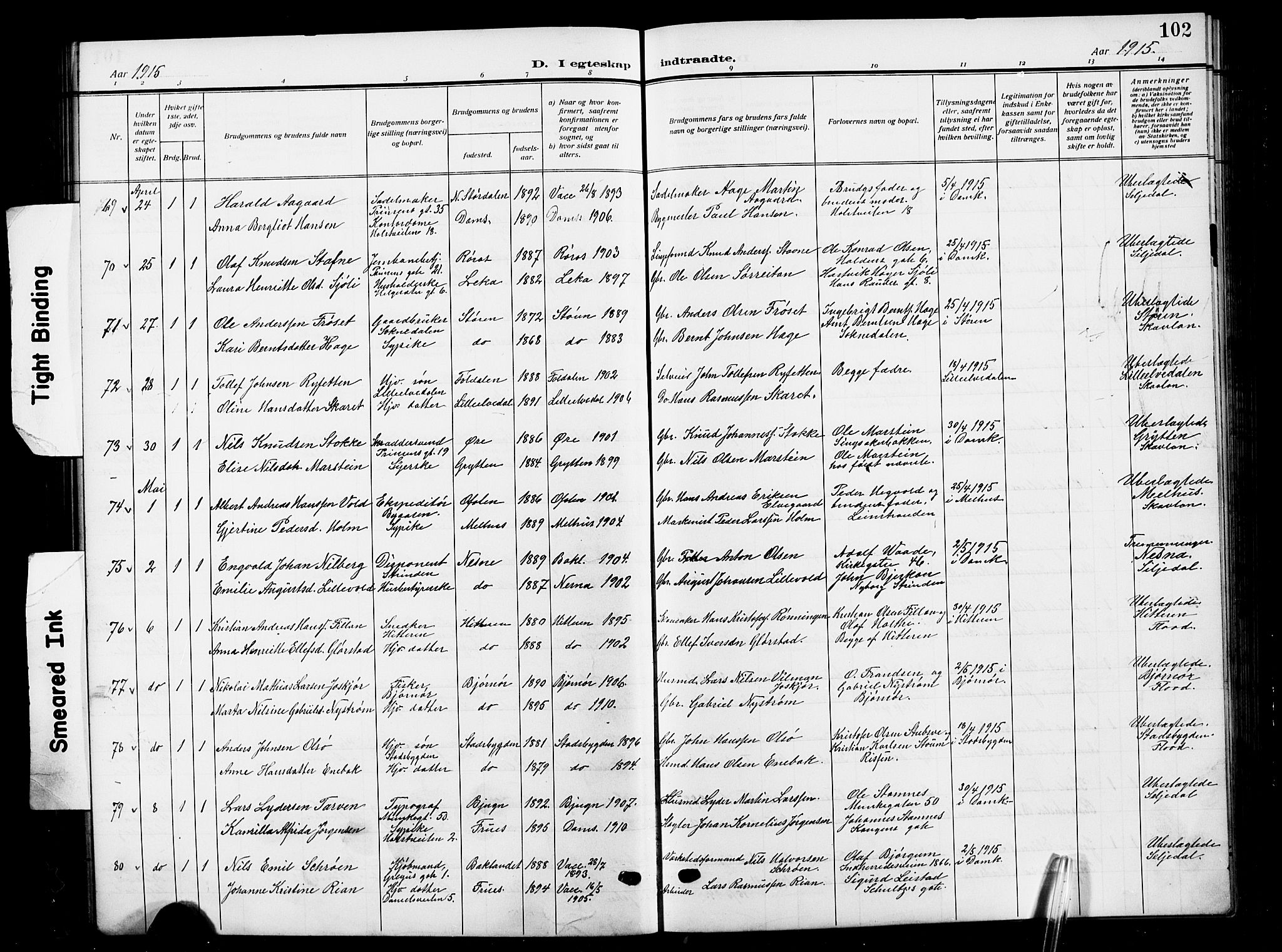 Ministerialprotokoller, klokkerbøker og fødselsregistre - Sør-Trøndelag, SAT/A-1456/601/L0097: Parish register (copy) no. 601C15, 1911-1921, p. 102