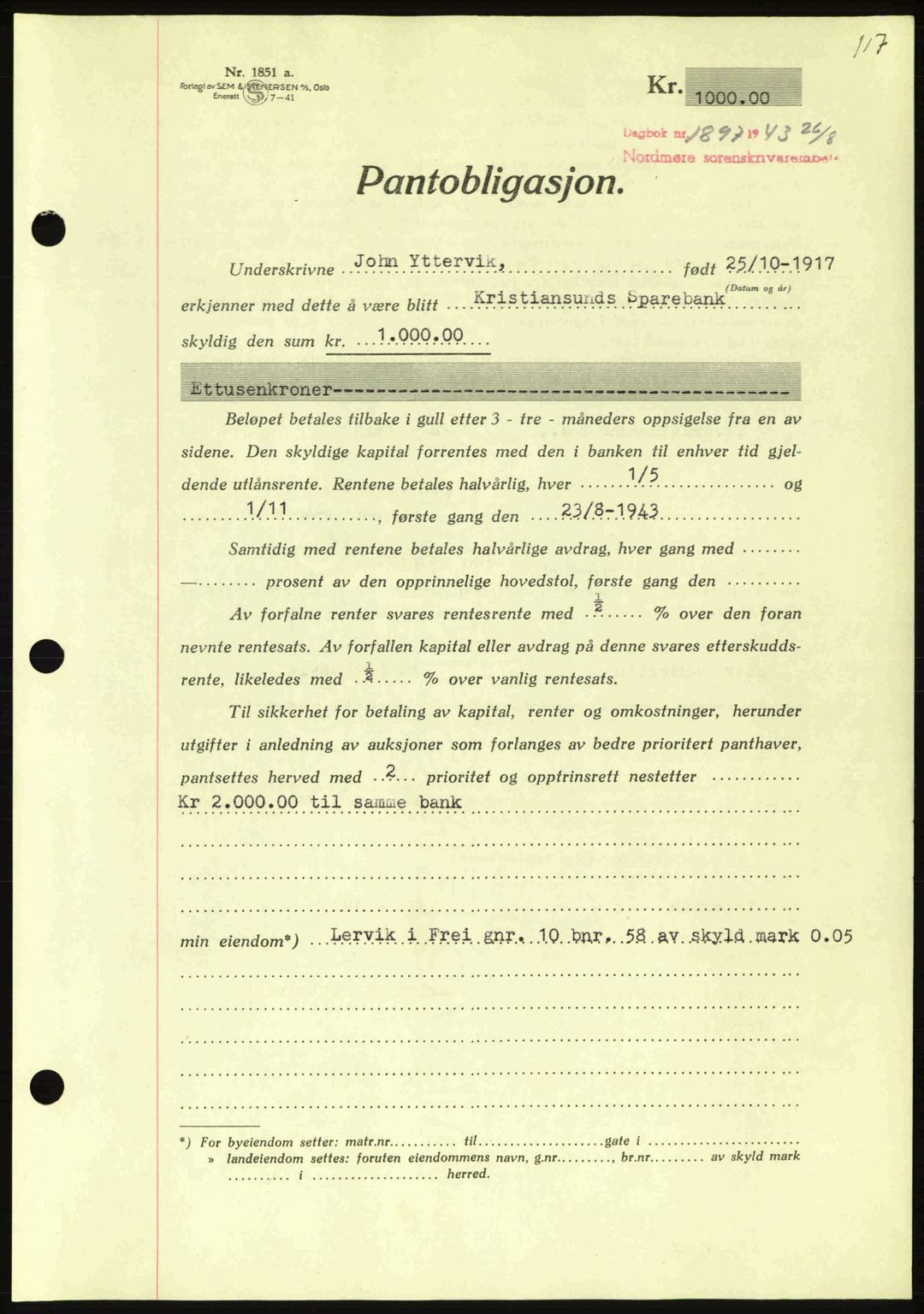 Nordmøre sorenskriveri, AV/SAT-A-4132/1/2/2Ca: Mortgage book no. B91, 1943-1944, Diary no: : 1897/1943