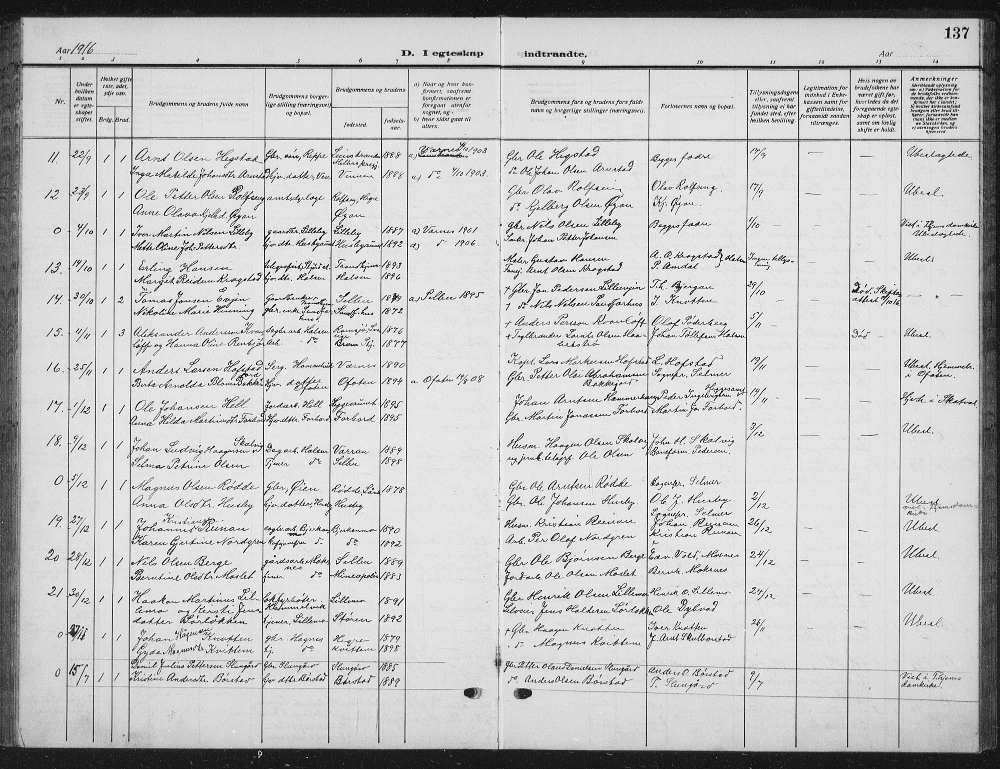 Ministerialprotokoller, klokkerbøker og fødselsregistre - Nord-Trøndelag, SAT/A-1458/709/L0088: Parish register (copy) no. 709C02, 1914-1934, p. 137