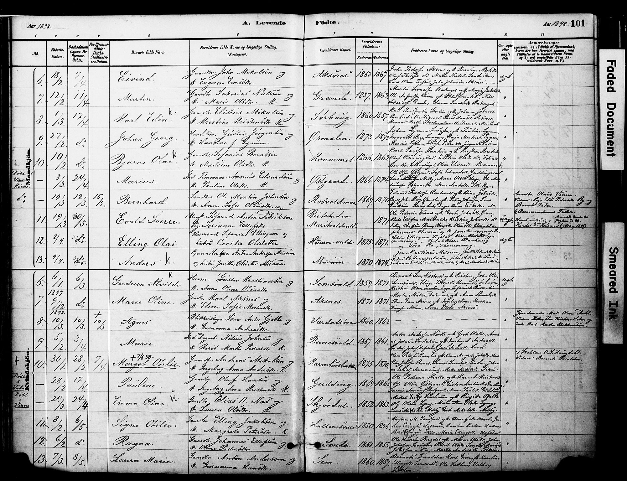 Ministerialprotokoller, klokkerbøker og fødselsregistre - Nord-Trøndelag, AV/SAT-A-1458/723/L0244: Parish register (official) no. 723A13, 1881-1899, p. 101