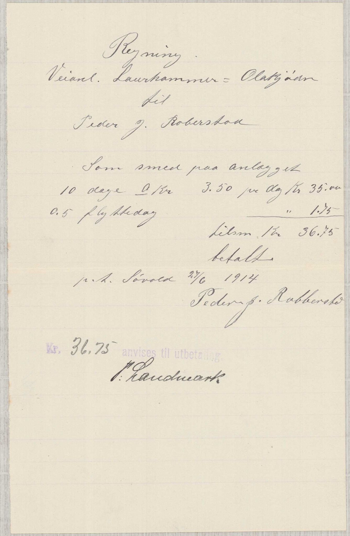 Finnaas kommune. Formannskapet, IKAH/1218a-021/E/Ea/L0001/0004: Rekneskap for veganlegg / Rekneskap for veganlegget Laurhammer - Olakjødn, 1913-1916, p. 24