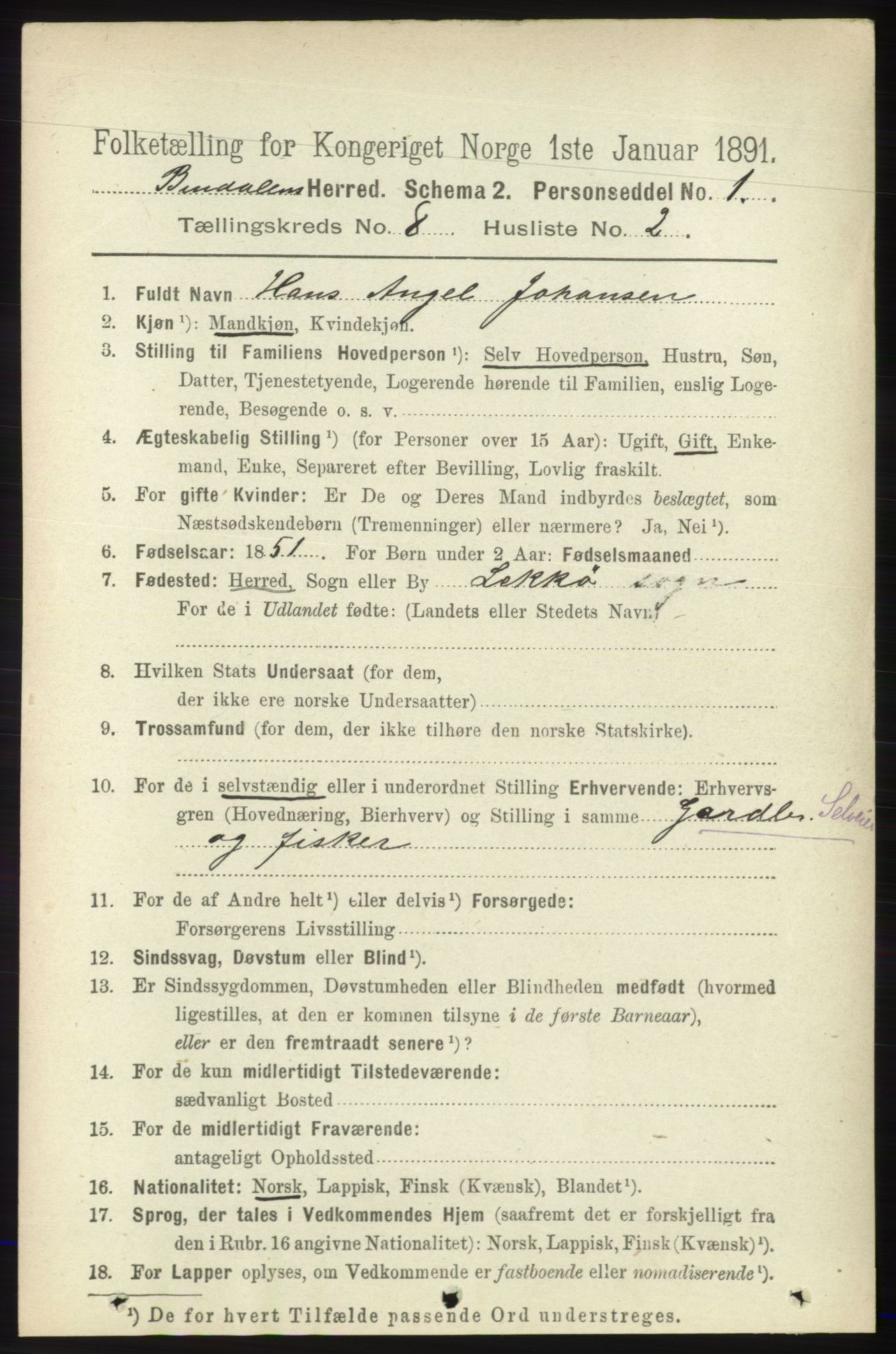 RA, 1891 census for 1811 Bindal, 1891, p. 2615