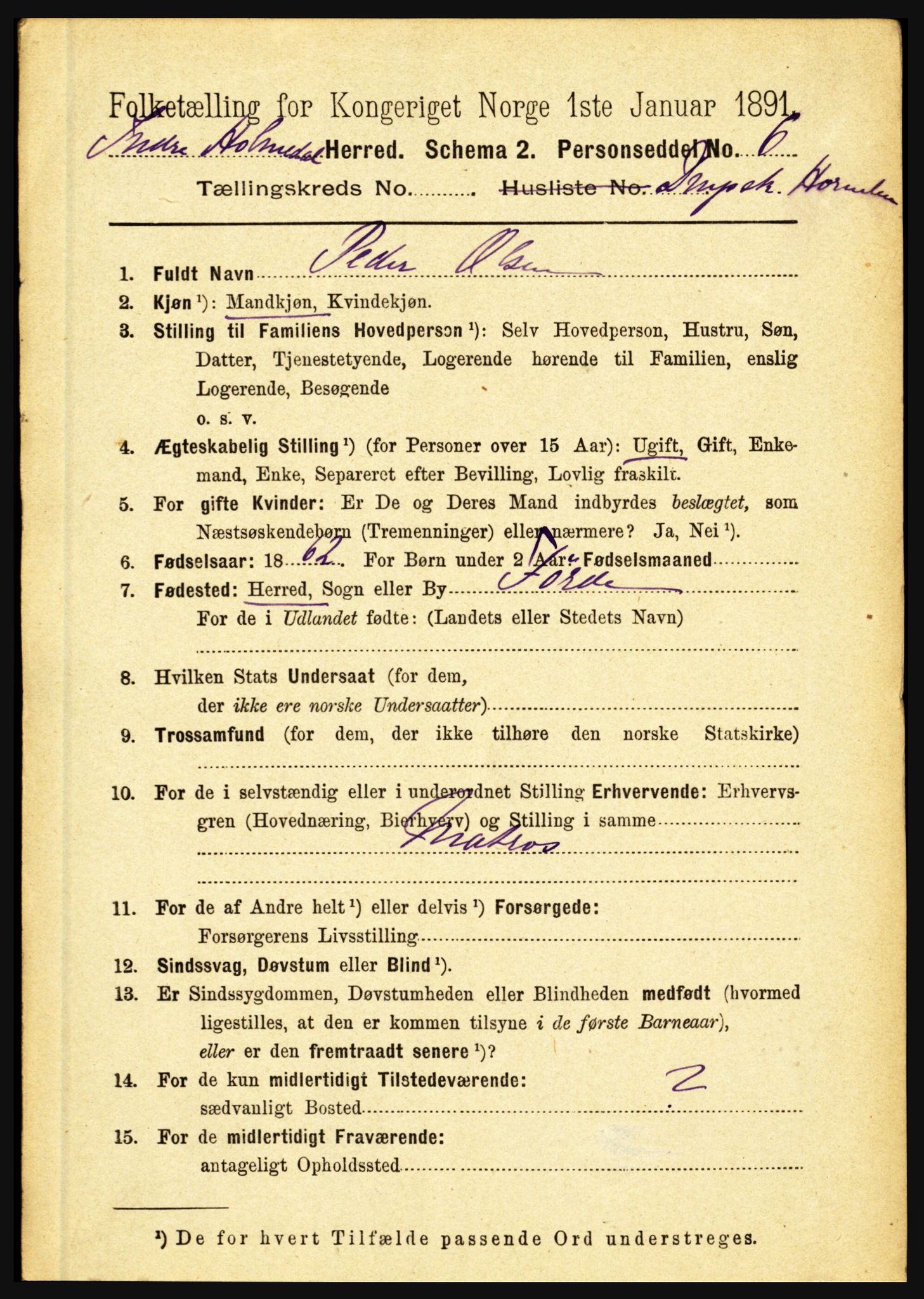 RA, 1891 census for 1430 Indre Holmedal, 1891, p. 4498