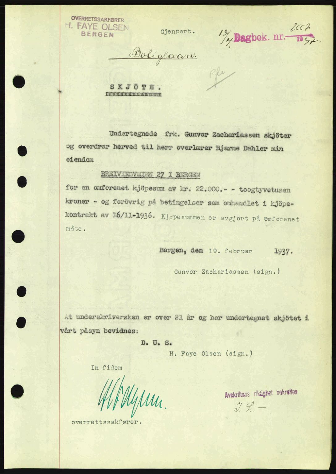 Byfogd og Byskriver i Bergen, SAB/A-3401/03/03Bc/L0004: Mortgage book no. A3-4, 1936-1937, Diary no: : 2667/1937