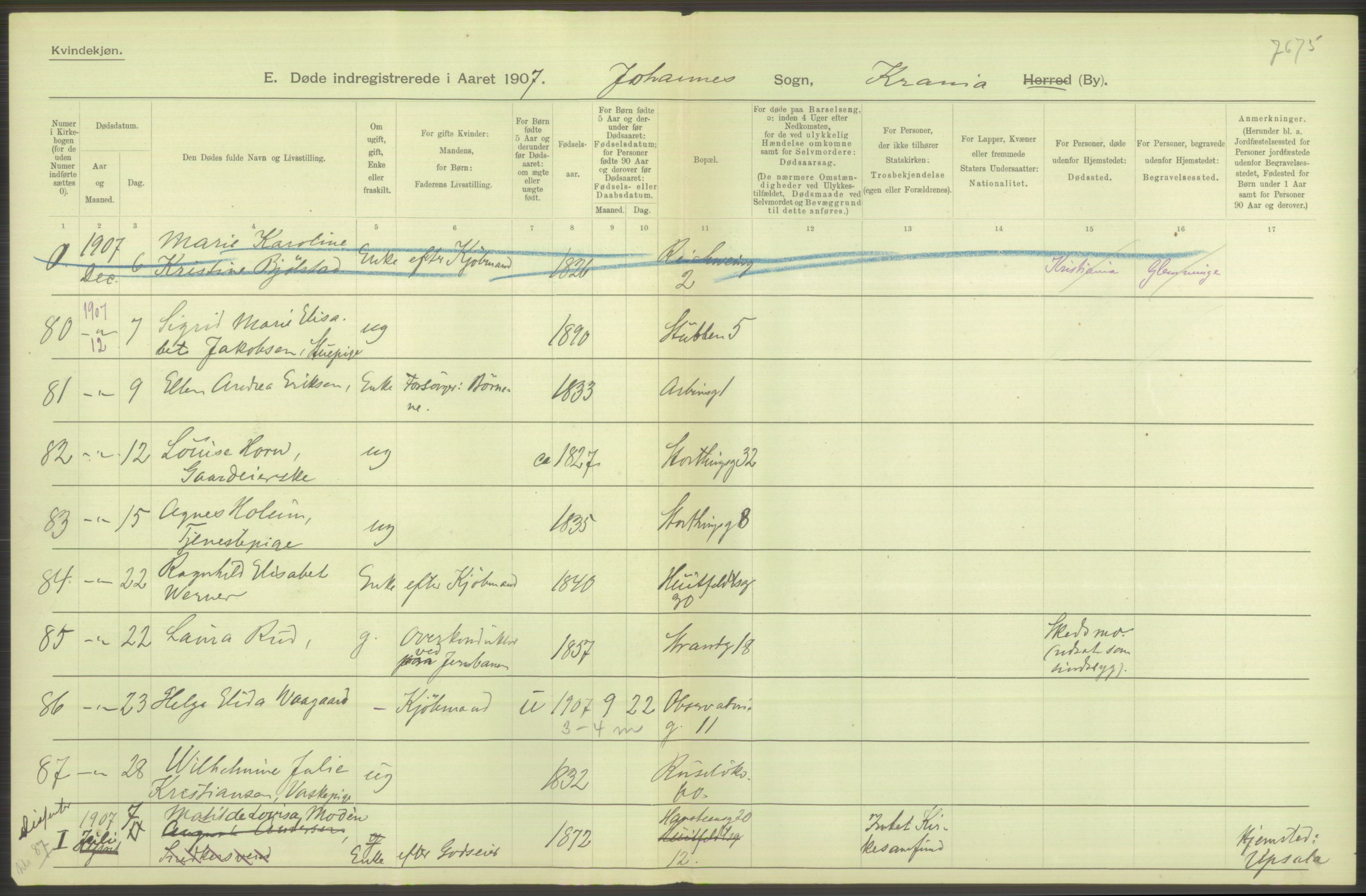 Statistisk sentralbyrå, Sosiodemografiske emner, Befolkning, AV/RA-S-2228/D/Df/Dfa/Dfae/L0009: Kristiania: Døde, 1907, p. 2