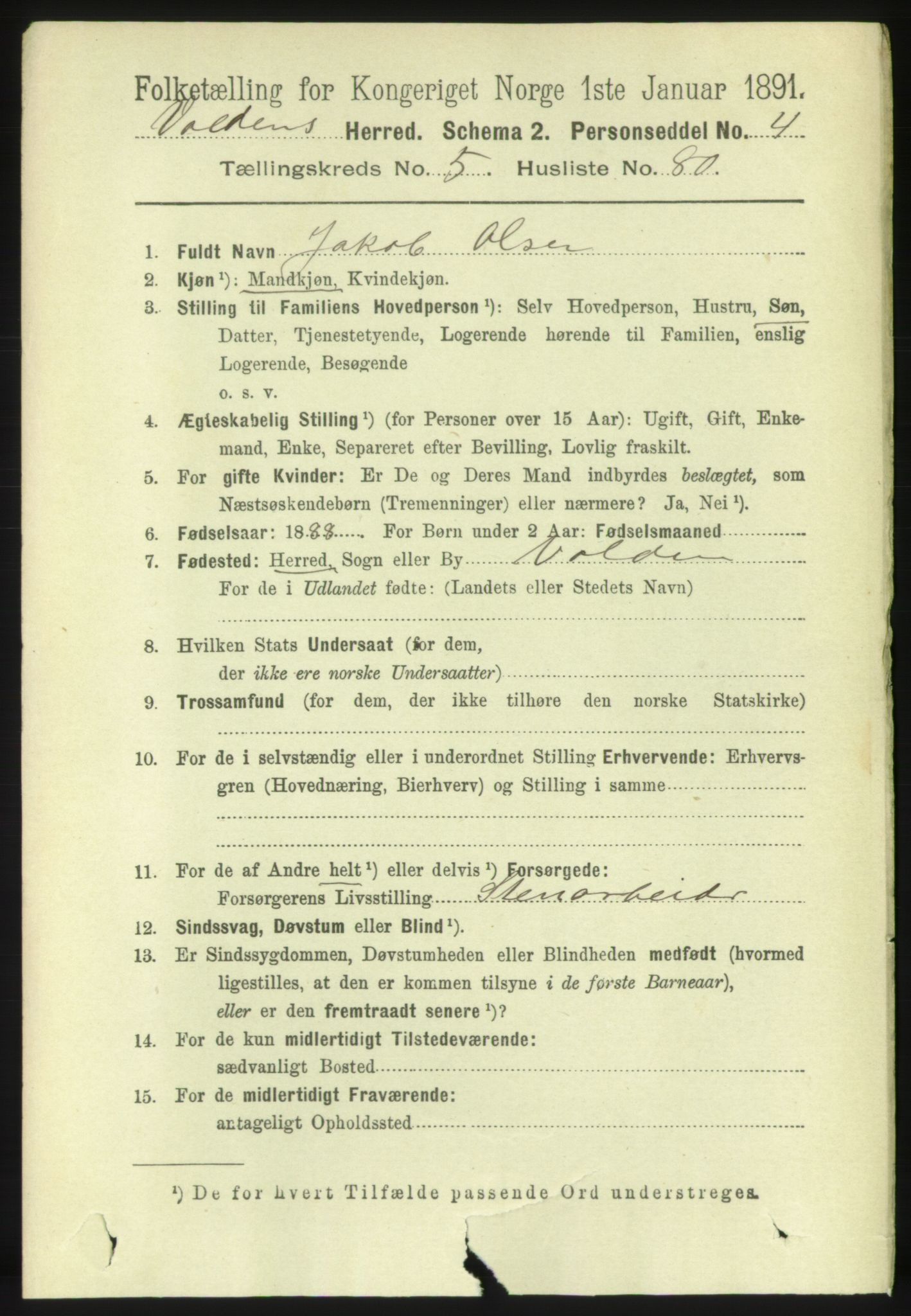 RA, 1891 census for 1519 Volda, 1891, p. 2788