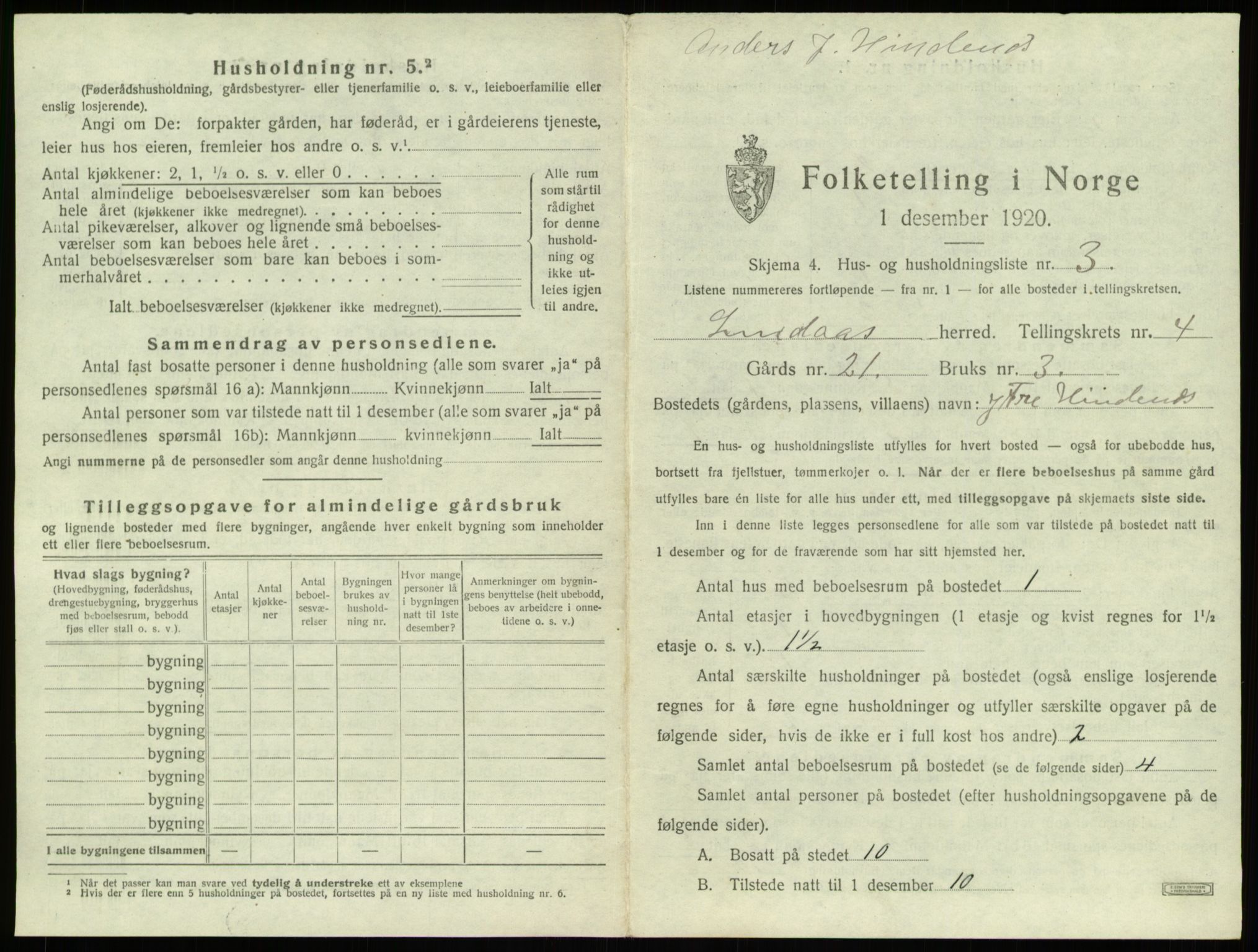 SAB, 1920 census for Lindås, 1920, p. 260