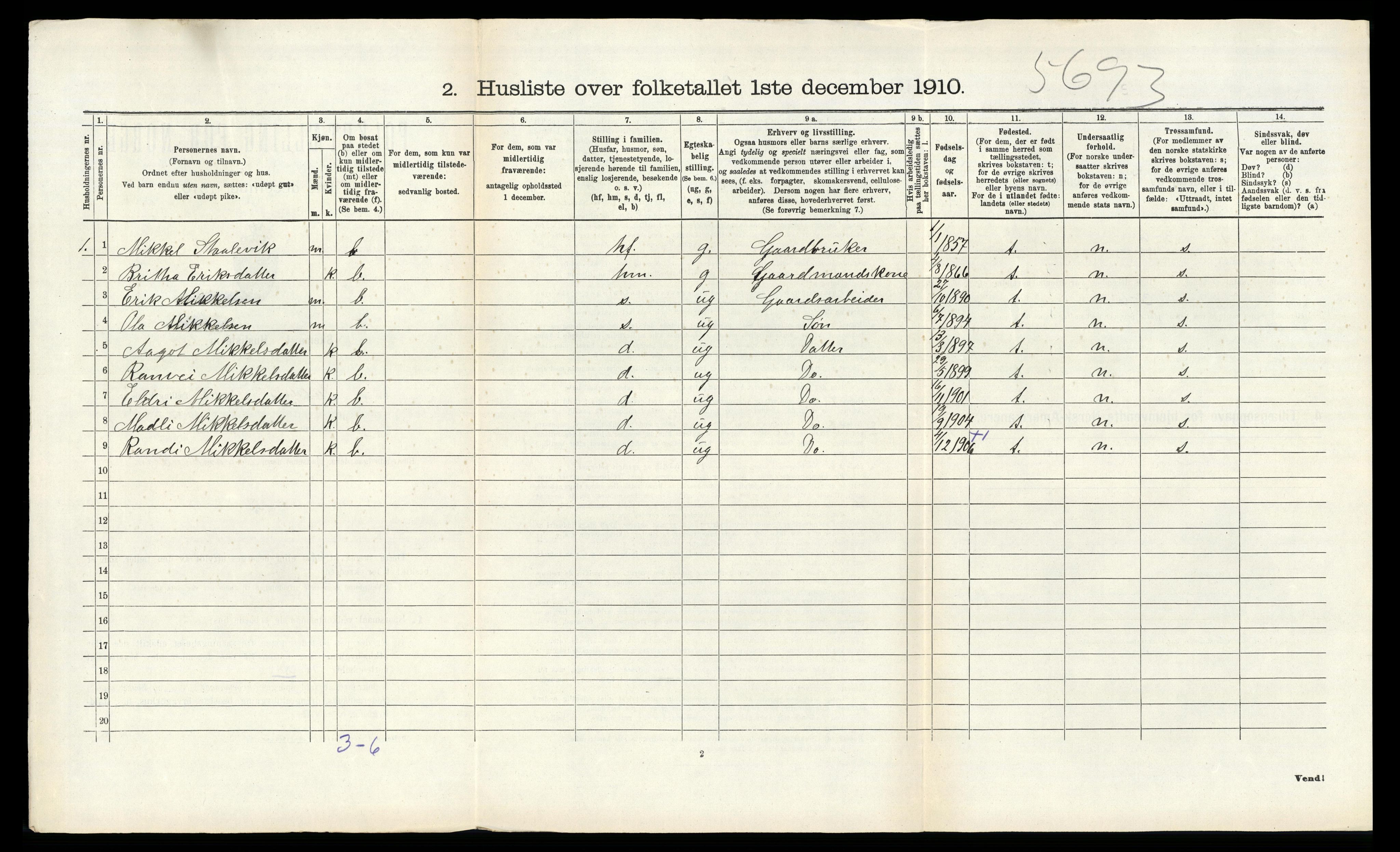 RA, 1910 census for Suldal, 1910, p. 544