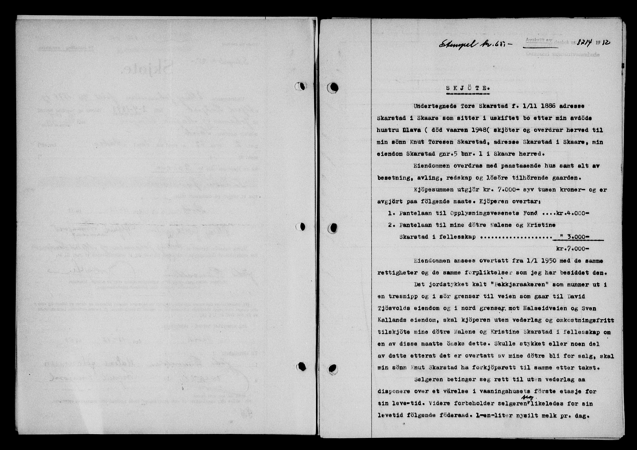 Karmsund sorenskriveri, SAST/A-100311/01/II/IIB/L0101: Mortgage book no. 81A, 1950-1951, Diary no: : 3714/1950