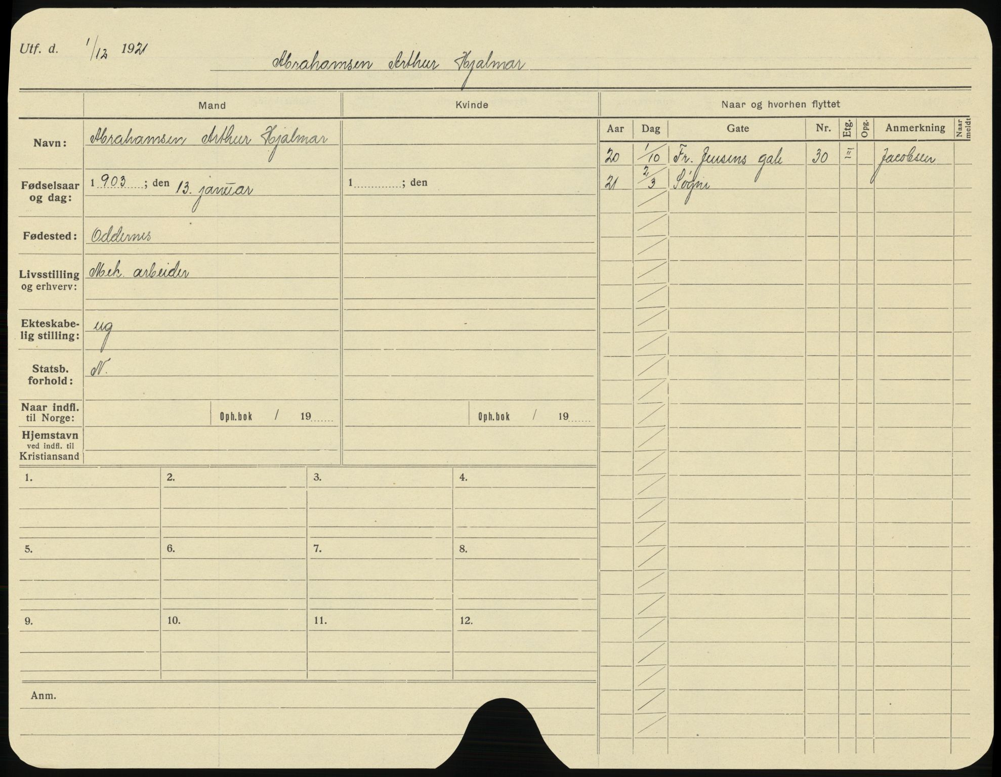 Kristiansand folkeregister, AV/SAK-1341-0030/H/L0005: Utflyttet, A-Å, 1921