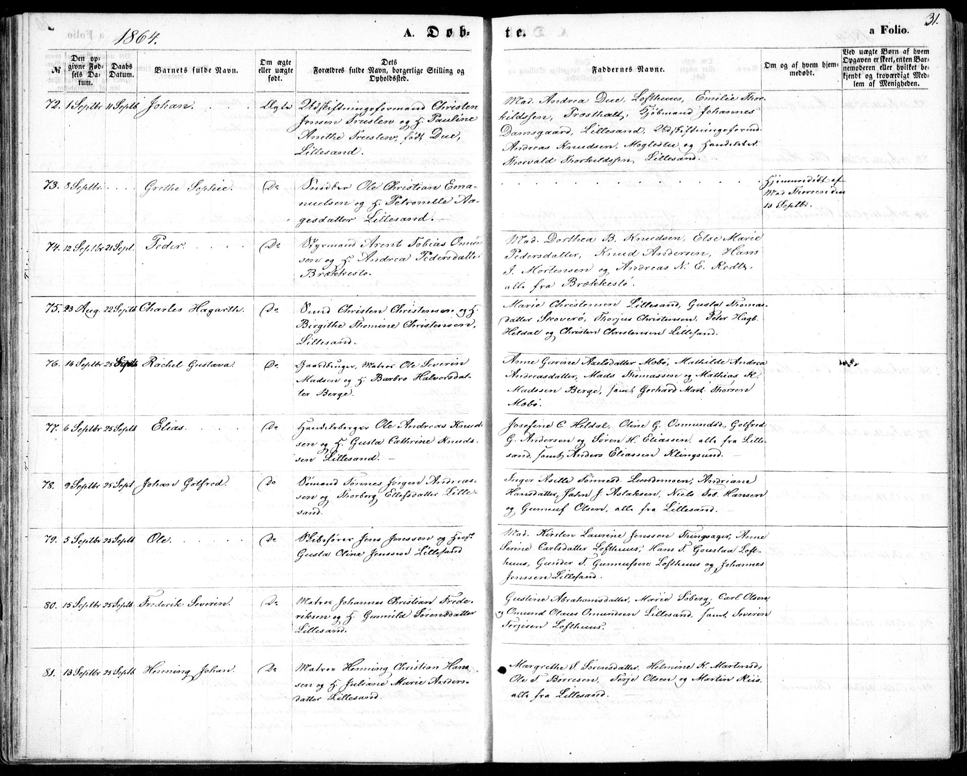 Vestre Moland sokneprestkontor, AV/SAK-1111-0046/F/Fb/Fbb/L0004: Parish register (copy) no. B 4, 1861-1872, p. 31