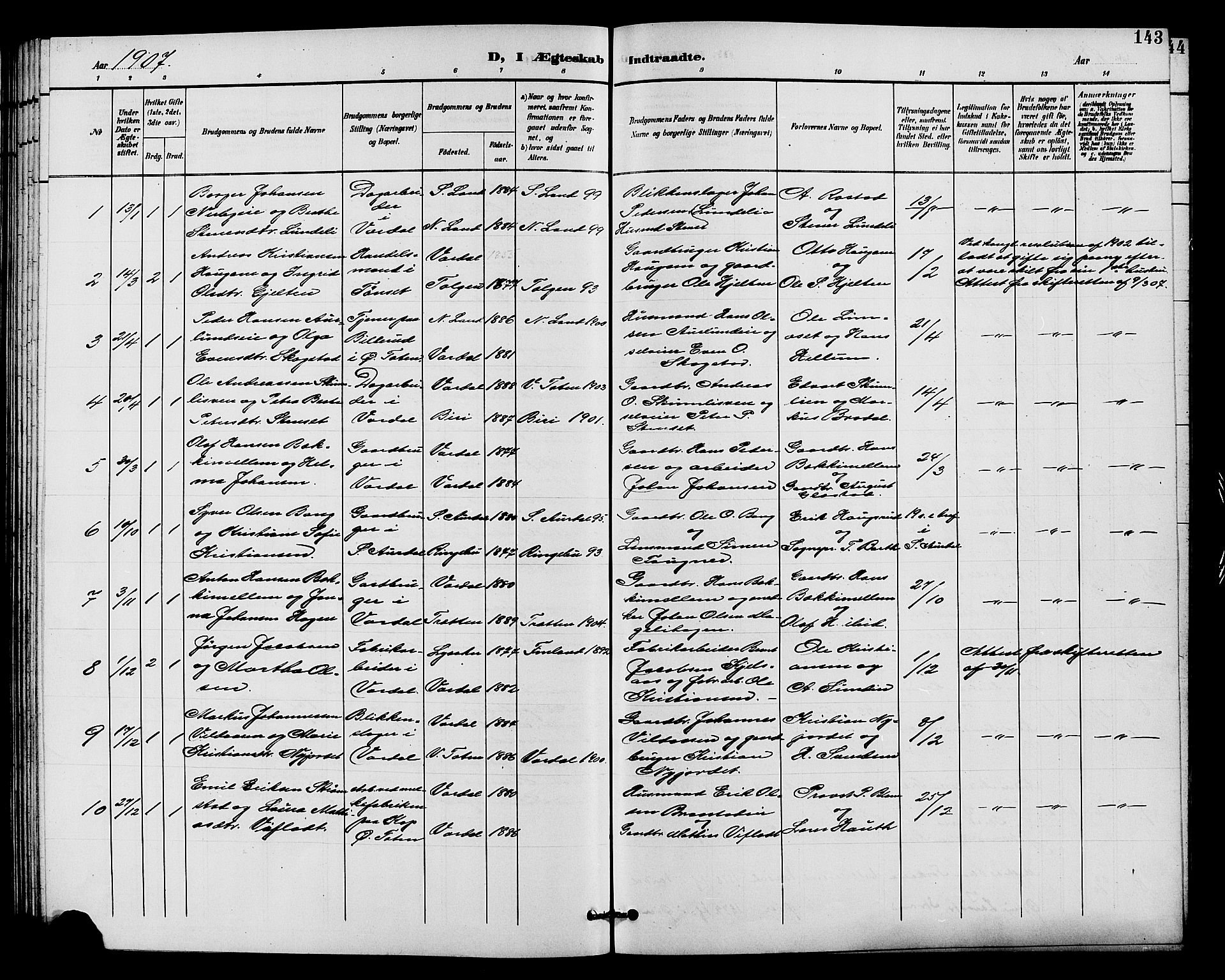 Vardal prestekontor, SAH/PREST-100/H/Ha/Hab/L0011: Parish register (copy) no. 11, 1899-1913, p. 143
