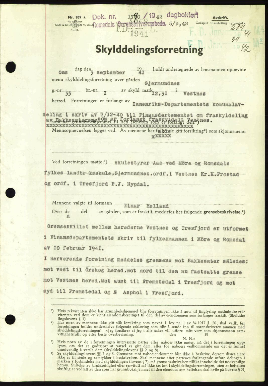 Romsdal sorenskriveri, AV/SAT-A-4149/1/2/2C: Mortgage book no. A12, 1942-1942, Diary no: : 1790/1942