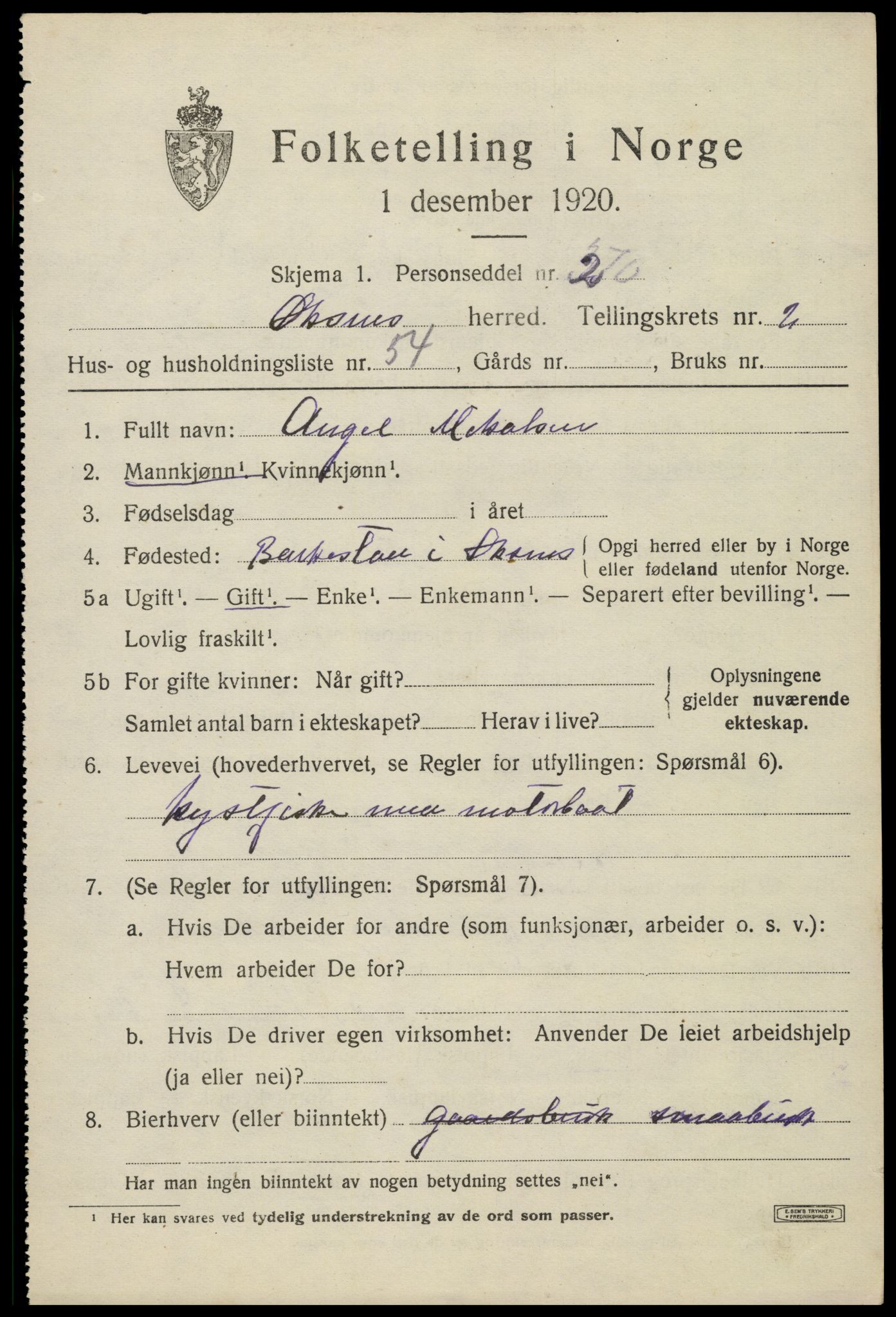 SAT, 1920 census for Øksnes, 1920, p. 2390