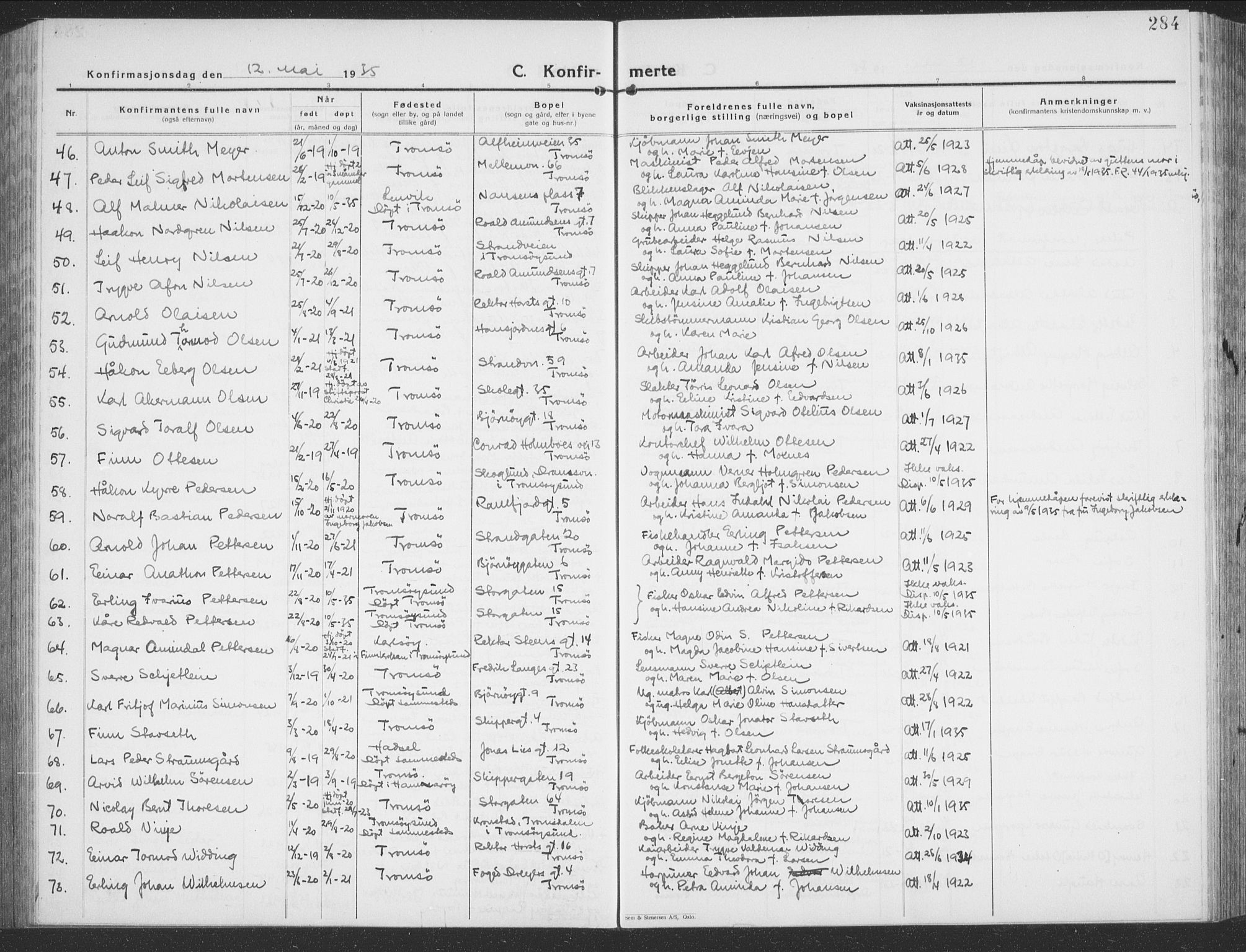 Tromsø sokneprestkontor/stiftsprosti/domprosti, SATØ/S-1343/G/Gb/L0010klokker: Parish register (copy) no. 10, 1925-1937, p. 284