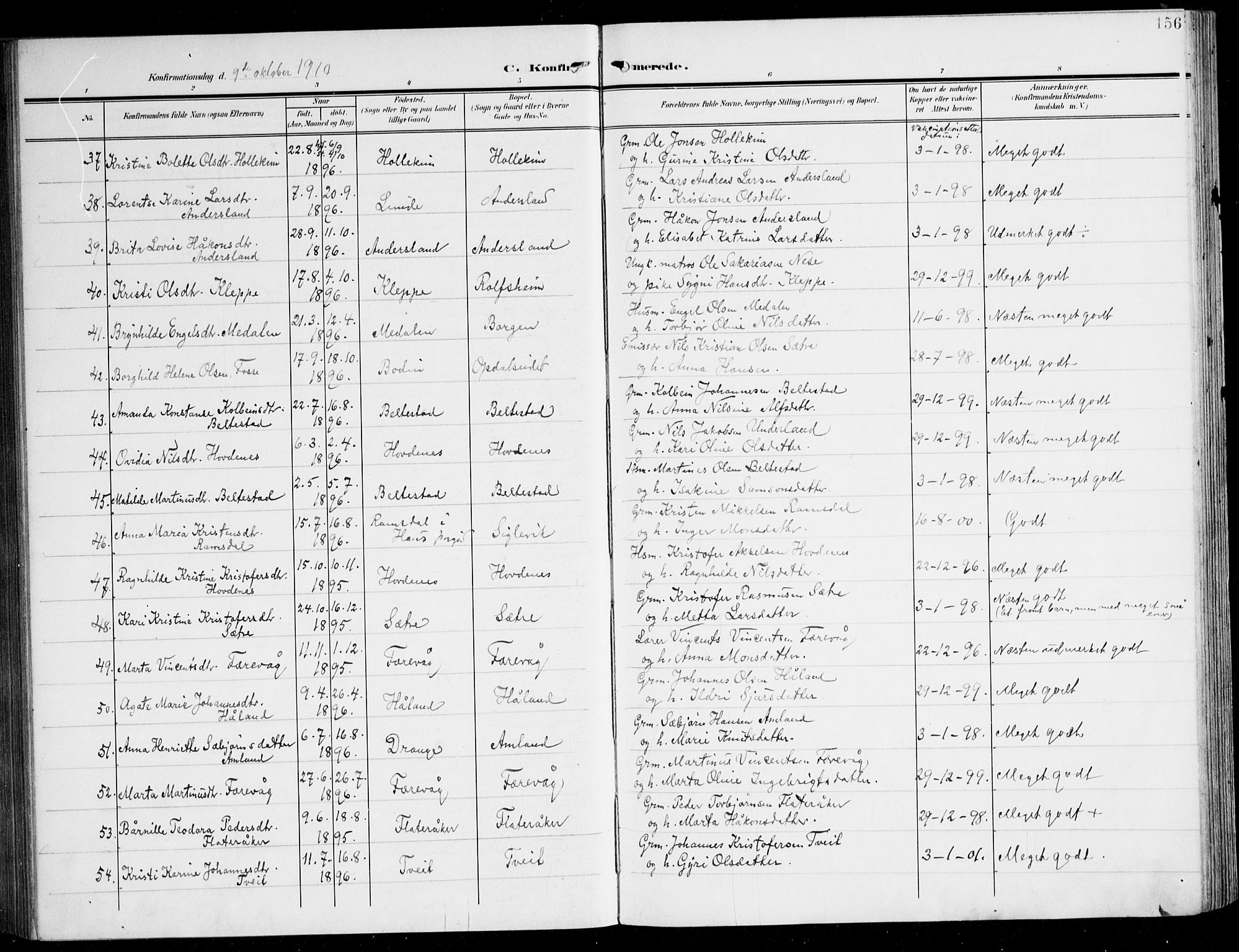 Tysnes sokneprestembete, SAB/A-78601/H/Haa: Parish register (official) no. D 2, 1905-1922, p. 156