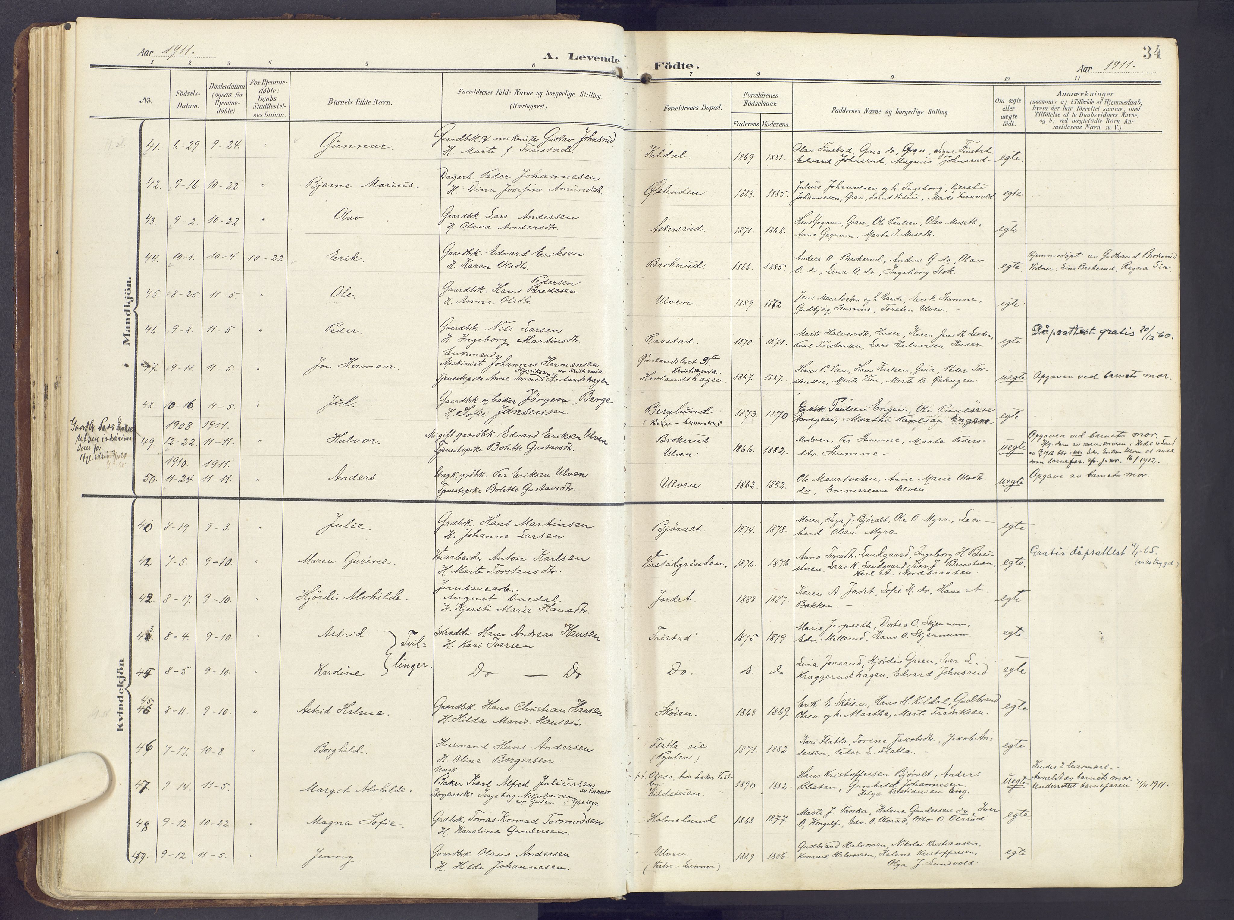 Lunner prestekontor, AV/SAH-PREST-118/H/Ha/Haa/L0001: Parish register (official) no. 1, 1907-1922, p. 34