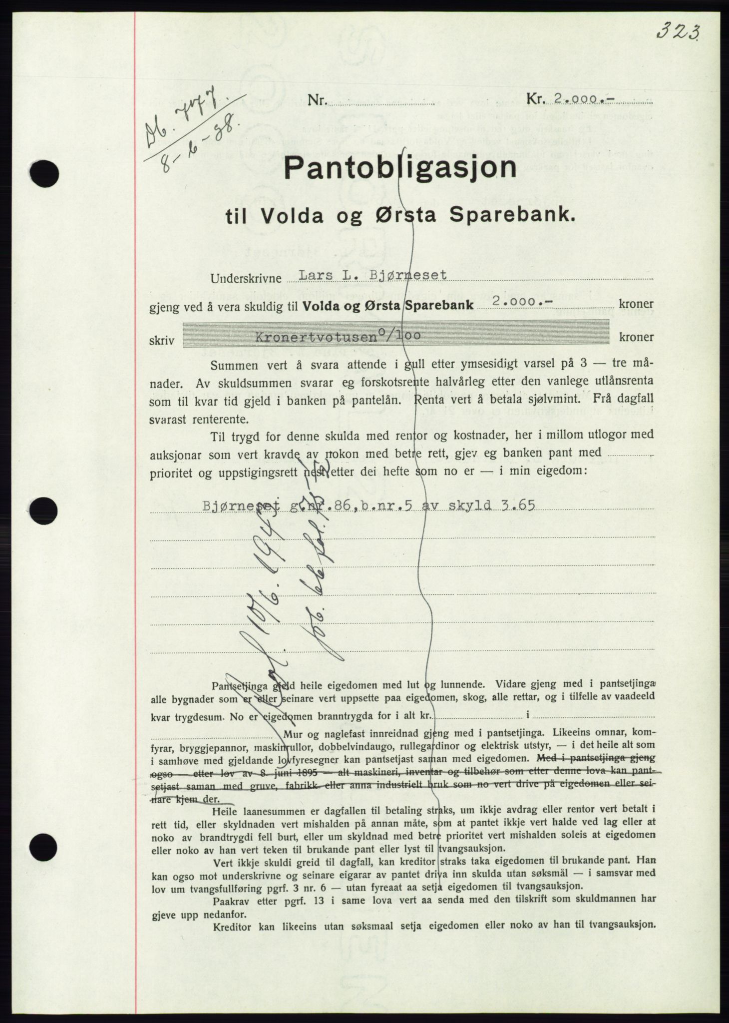 Søre Sunnmøre sorenskriveri, AV/SAT-A-4122/1/2/2C/L0065: Mortgage book no. 59, 1938-1938, Diary no: : 777/1938