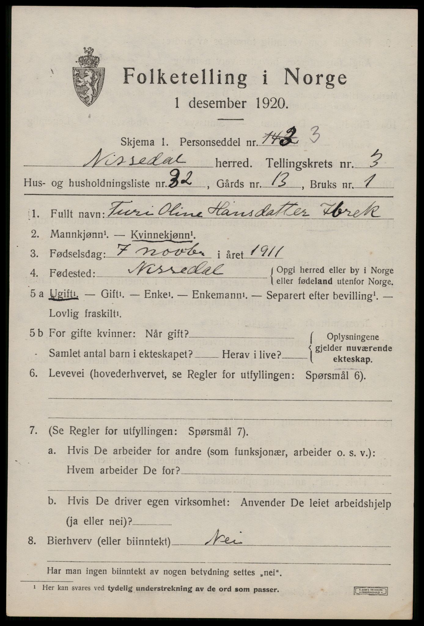 SAKO, 1920 census for Nissedal, 1920, p. 1781