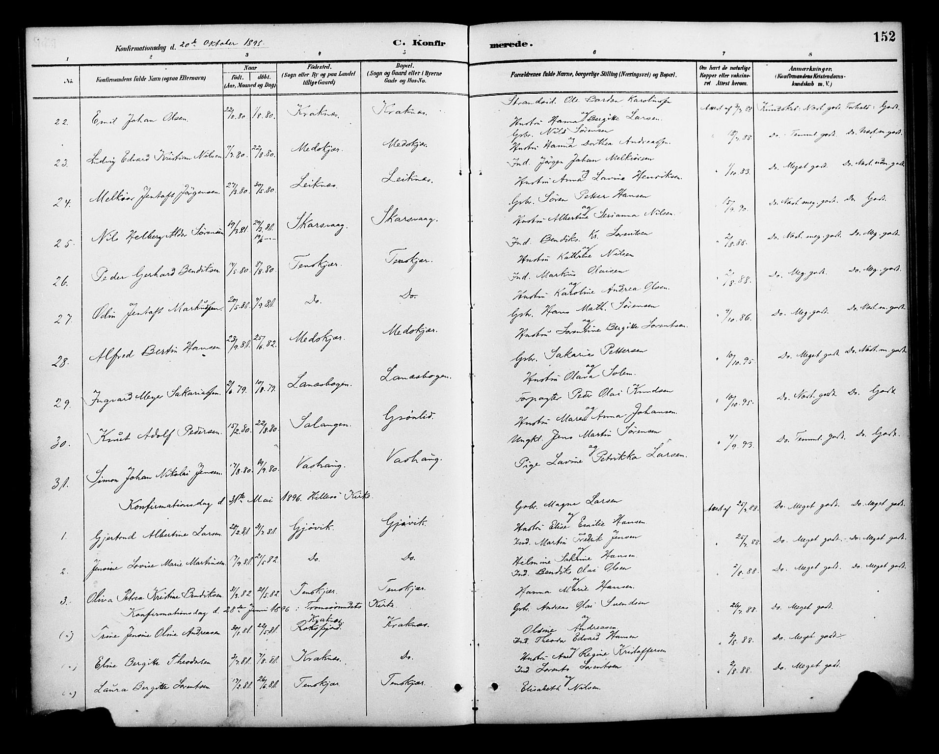 Lenvik sokneprestembete, SATØ/S-1310/H/Ha/Haa/L0013kirke: Parish register (official) no. 13, 1890-1898, p. 152