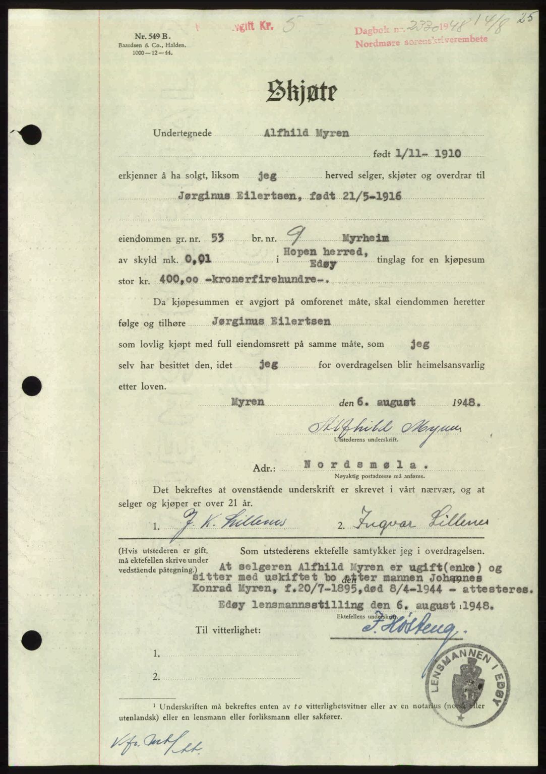 Nordmøre sorenskriveri, AV/SAT-A-4132/1/2/2Ca: Mortgage book no. A109, 1948-1948, Diary no: : 2330/1948