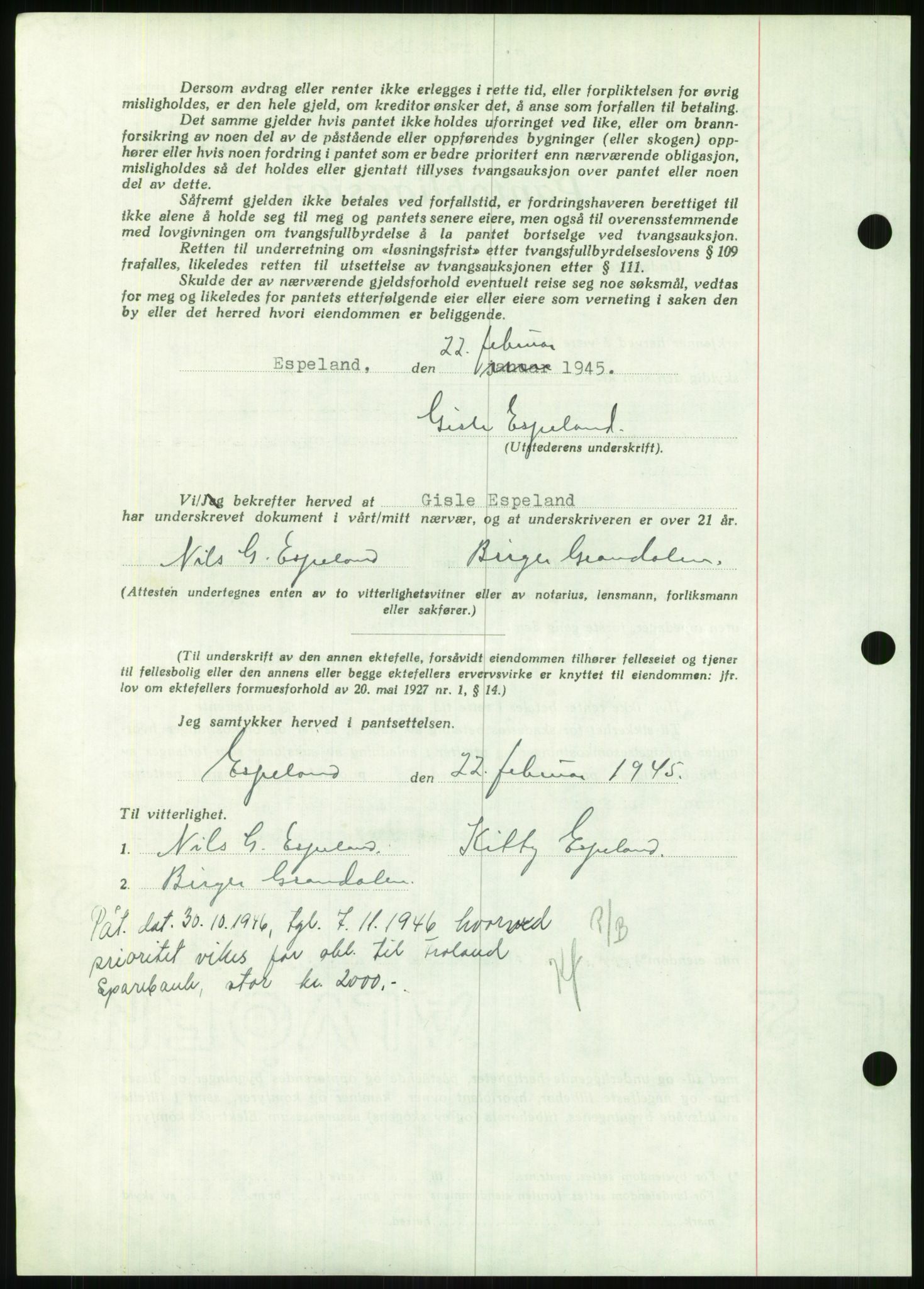 Nedenes sorenskriveri, SAK/1221-0006/G/Gb/Gbb/L0002: Mortgage book no. II, 1942-1945, Diary no: : 116/1945