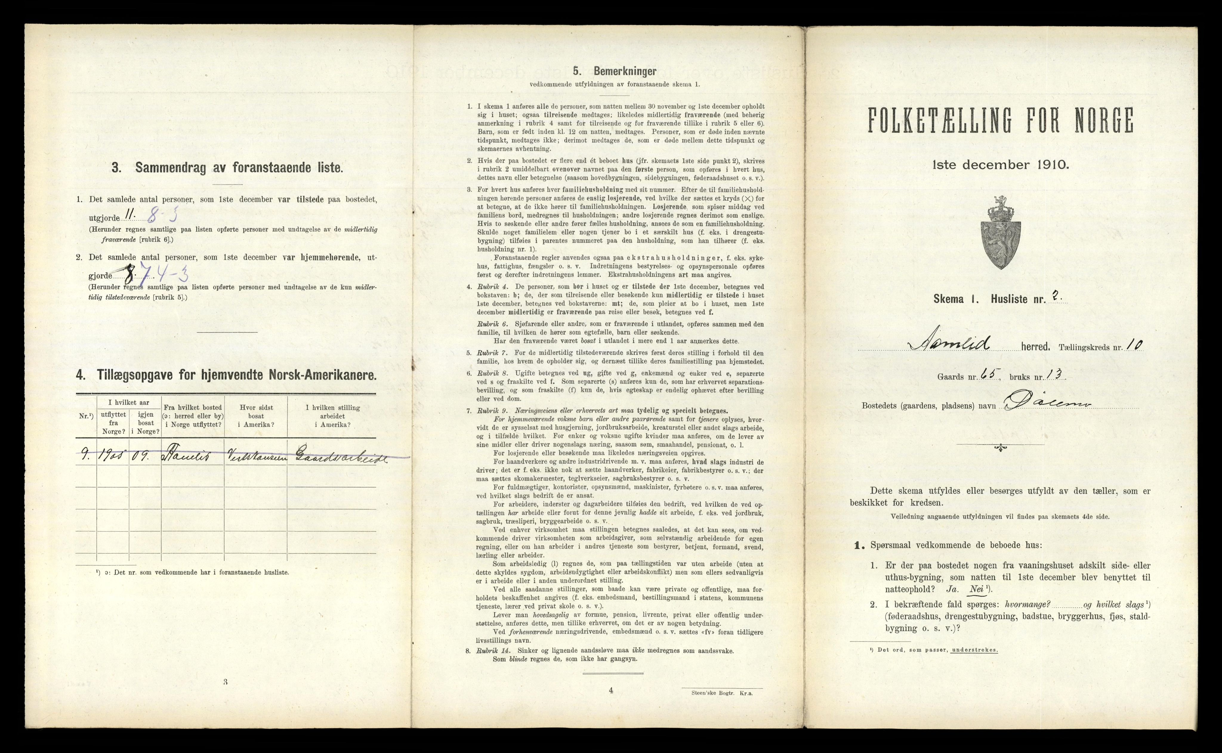 RA, 1910 census for Åmli, 1910, p. 525
