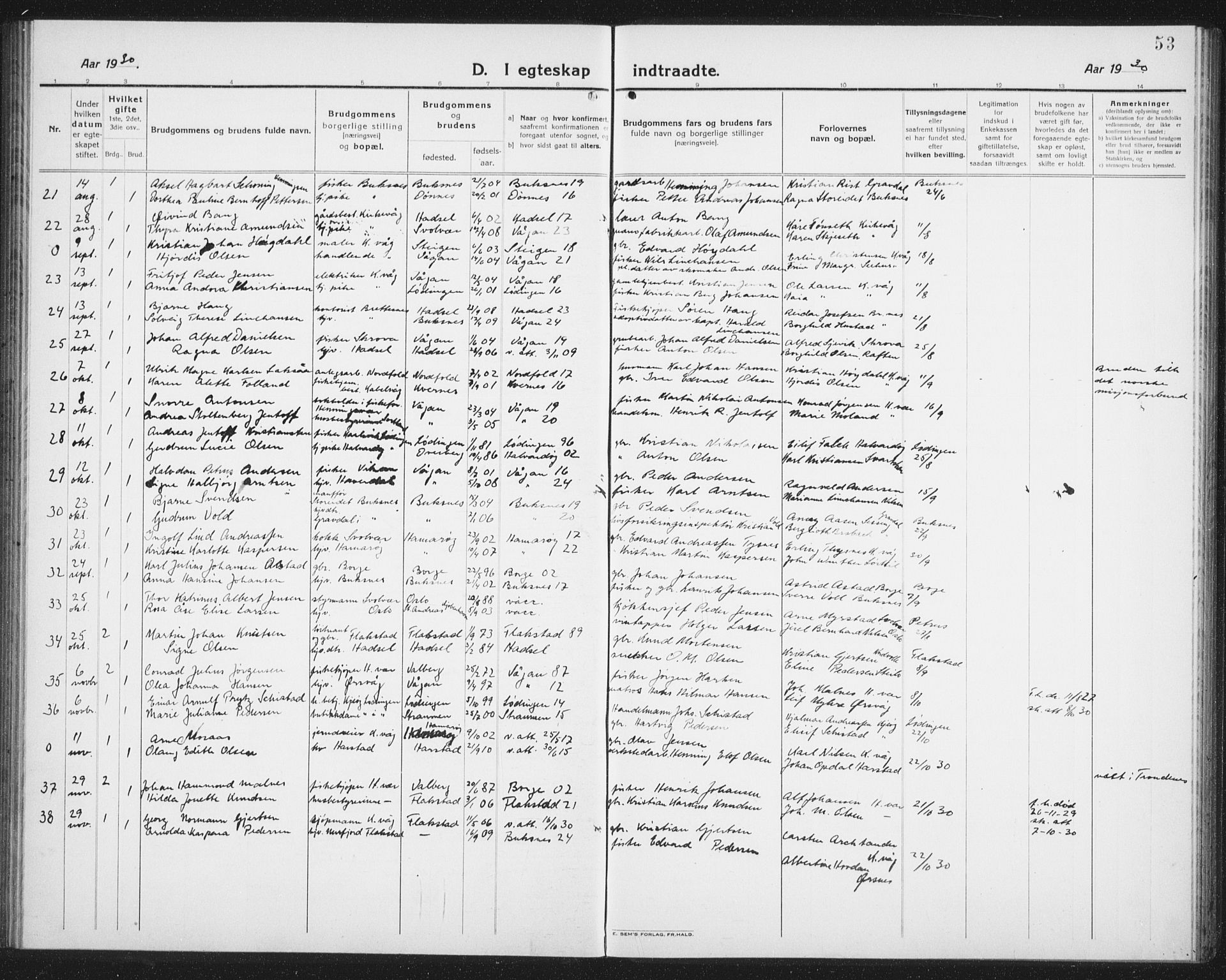 Ministerialprotokoller, klokkerbøker og fødselsregistre - Nordland, AV/SAT-A-1459/874/L1082: Parish register (copy) no. 874C11, 1920-1939, p. 53