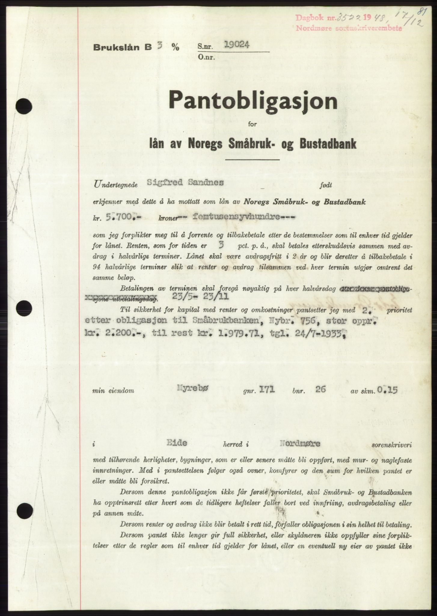 Nordmøre sorenskriveri, AV/SAT-A-4132/1/2/2Ca: Mortgage book no. B100, 1948-1949, Diary no: : 3522/1948