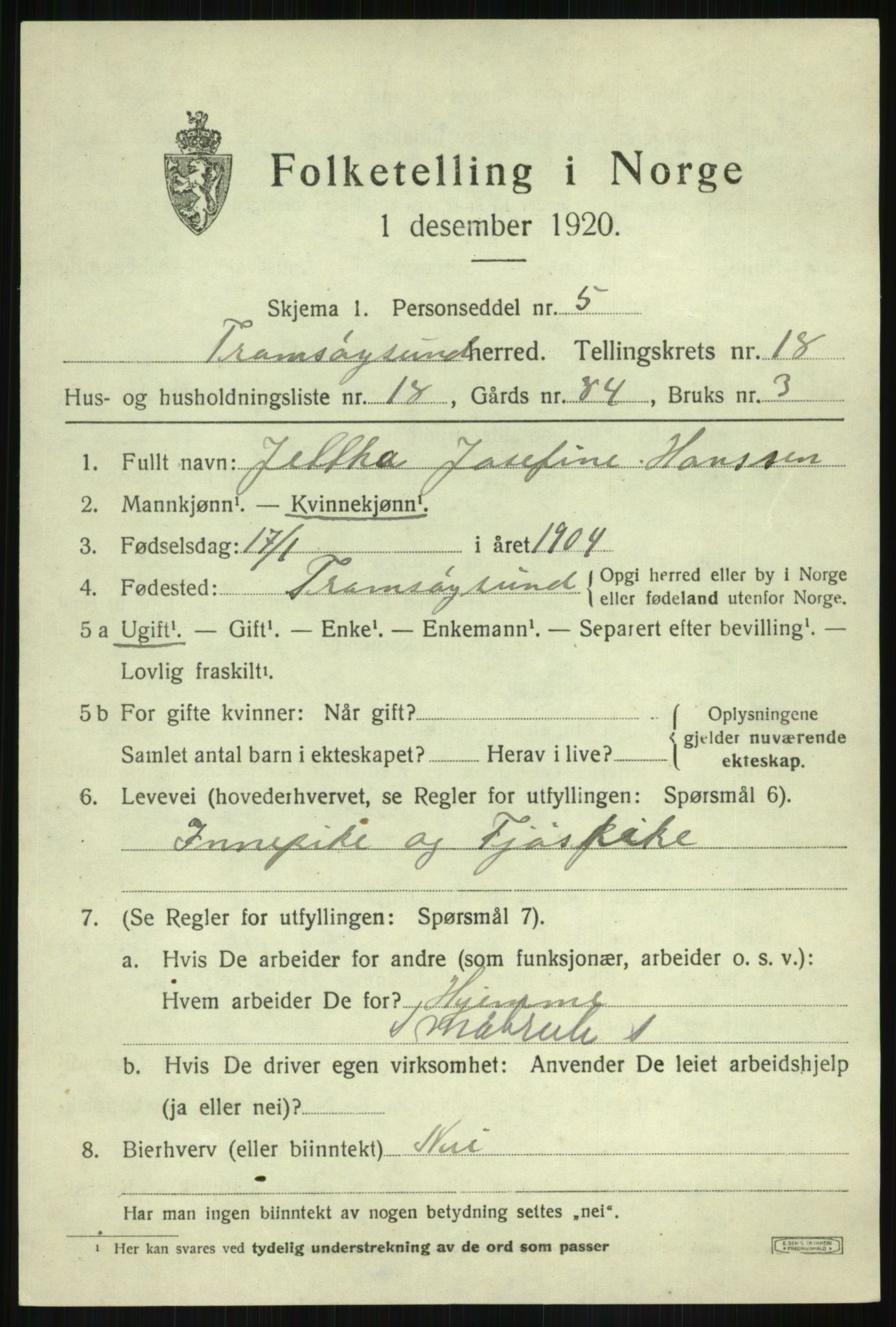 SATØ, 1920 census for Tromsøysund, 1920, p. 10168