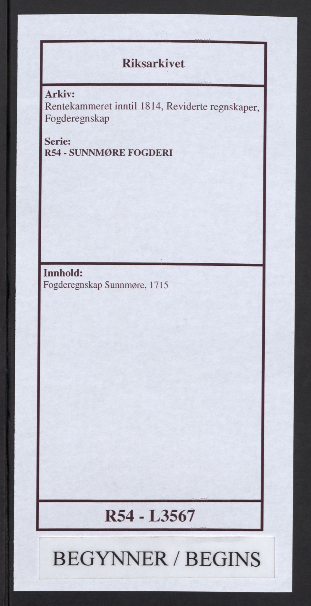 Rentekammeret inntil 1814, Reviderte regnskaper, Fogderegnskap, AV/RA-EA-4092/R54/L3567: Fogderegnskap Sunnmøre, 1715, p. 1